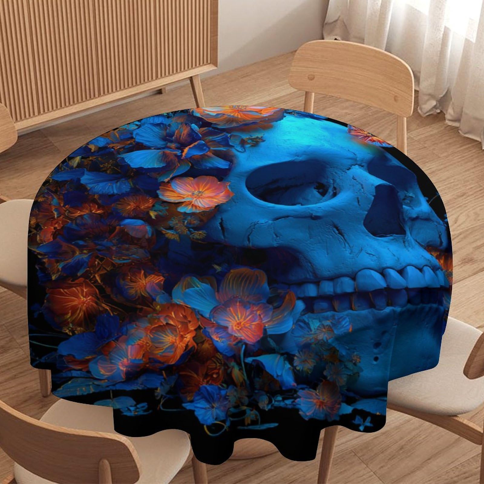 LUYYSKY Classic Cool Gothic Skull Round Tablecloth Abstract Watercolor Skull Skeleton Daisies Floral Animal Butterflies Washable Decor for Table Cover for Kitchen-91.4" Wx91.4 L cm