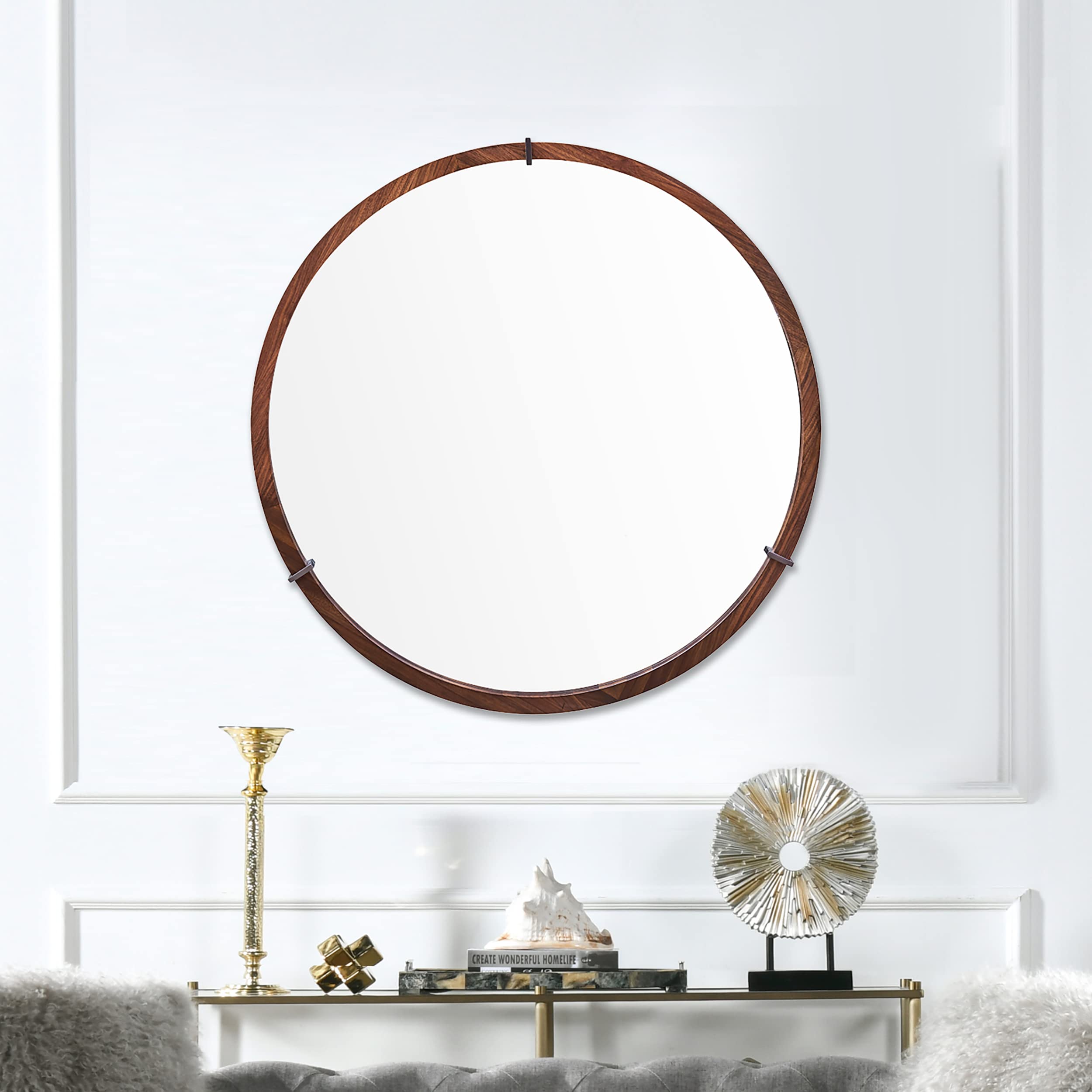 Jennifer Taylor HomeJTH Luxe Hausen 31.5" Mid-Century Modern Round Accent Wall Mirror, Brown Walnut Wood & Veneer