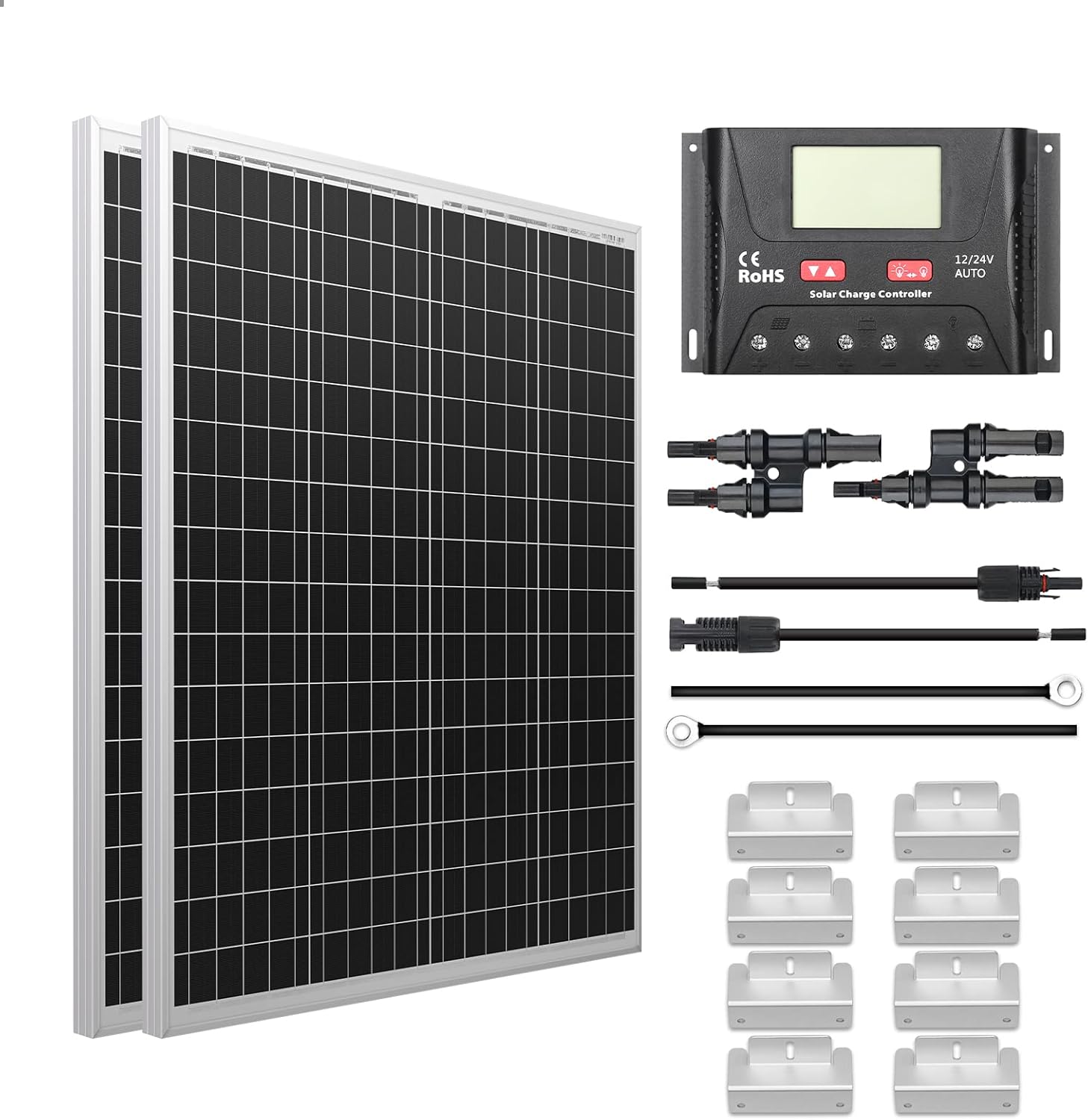 HQST 200W Polycrystalline Solar Panel Kit-2 100W Panels+30A PWM Controller+2 Sets Z Bracket+20ft 12AWG PV Cable+8FT 10AWG Tray Cable+1 Pair T/Y Connector for RV Marine Boat Trailer Off Grid System