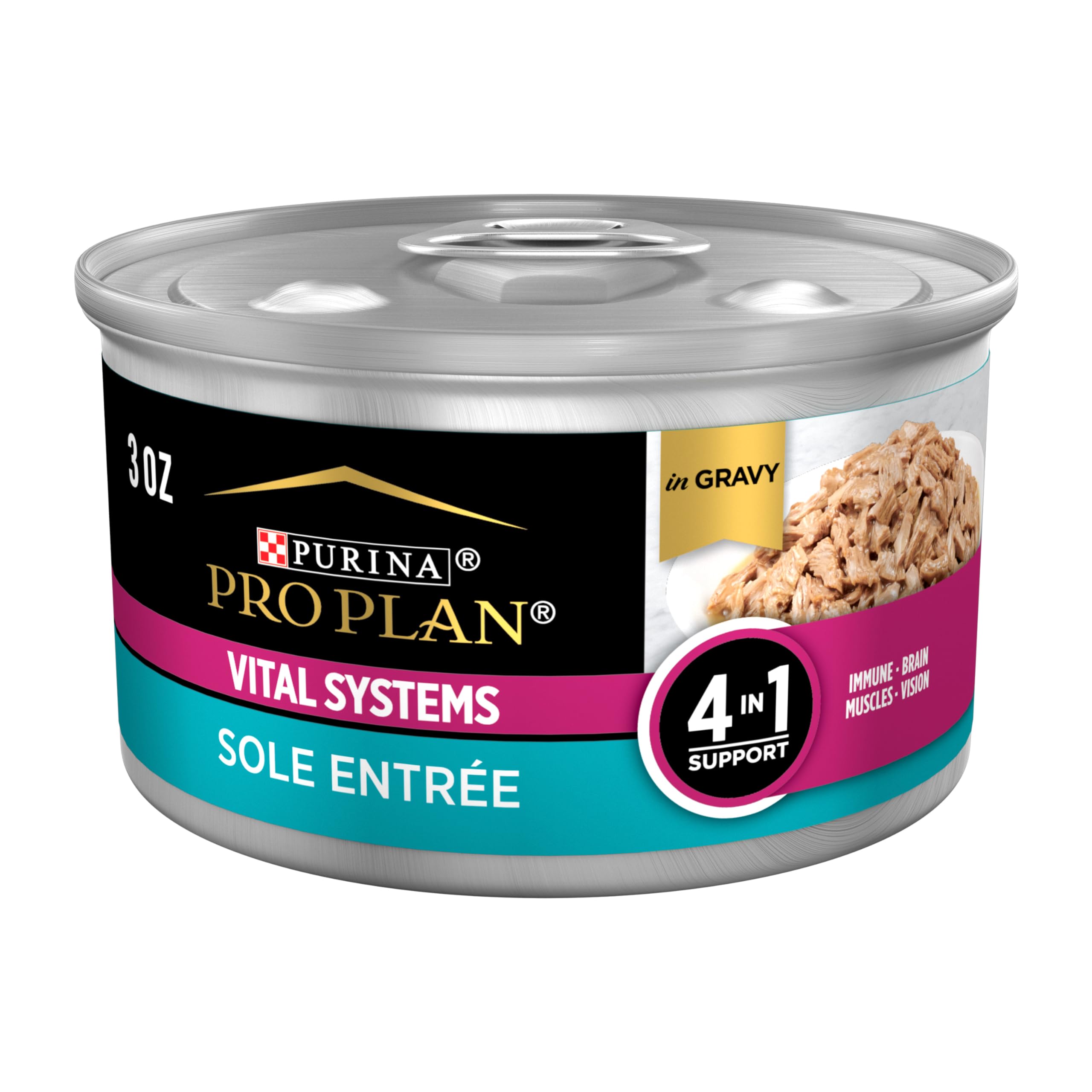 Purina Pro Plan Wet Cat Food Vital Systems Sole Entree in Wet Cat Food Gravy 4-in-1 Immune, Brain, Muscle and Vision - (Pack of 24) 3 oz. Cans