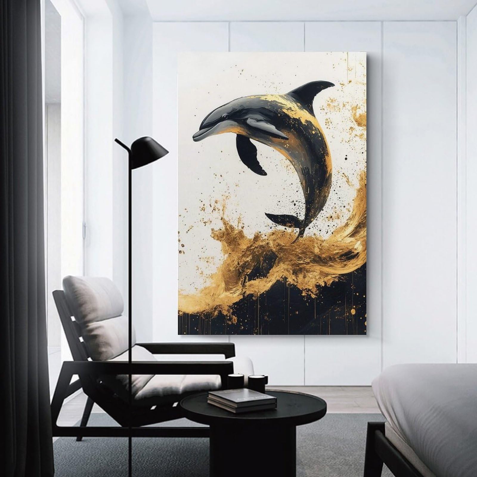Junmoney Unframe-Style-17 Golden Dolphin Splash Hanging Wall Art, 08X12inch(20X30cm), For Bedroom Decor, Cosy Corners Or Studios, An Easy Wall Refresh For Bedrooms