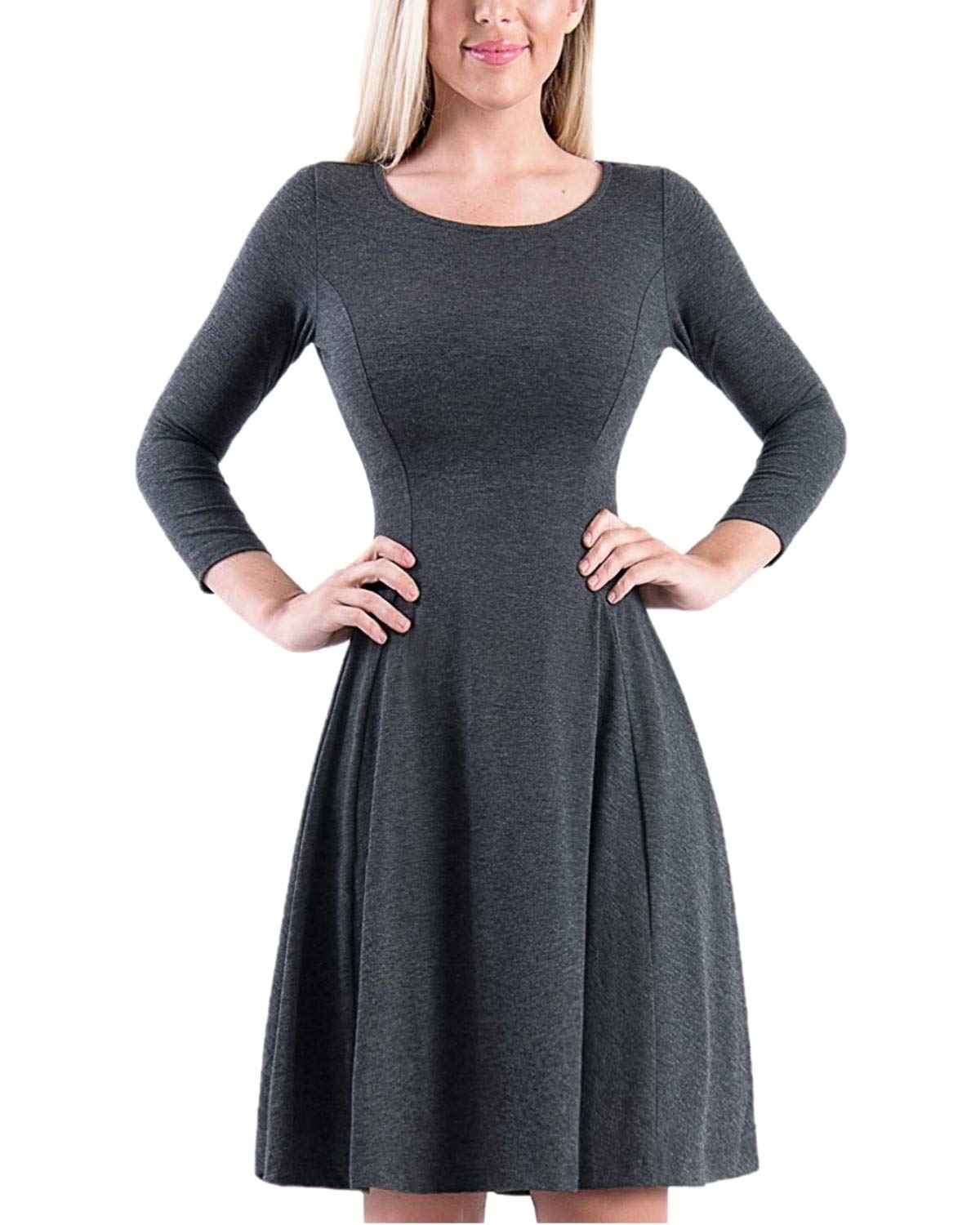 Hima&Penny Women's Casual Slim Round Neck Full Pleated Fit N' Flare with 3/4 Sleeves Skirt Dress