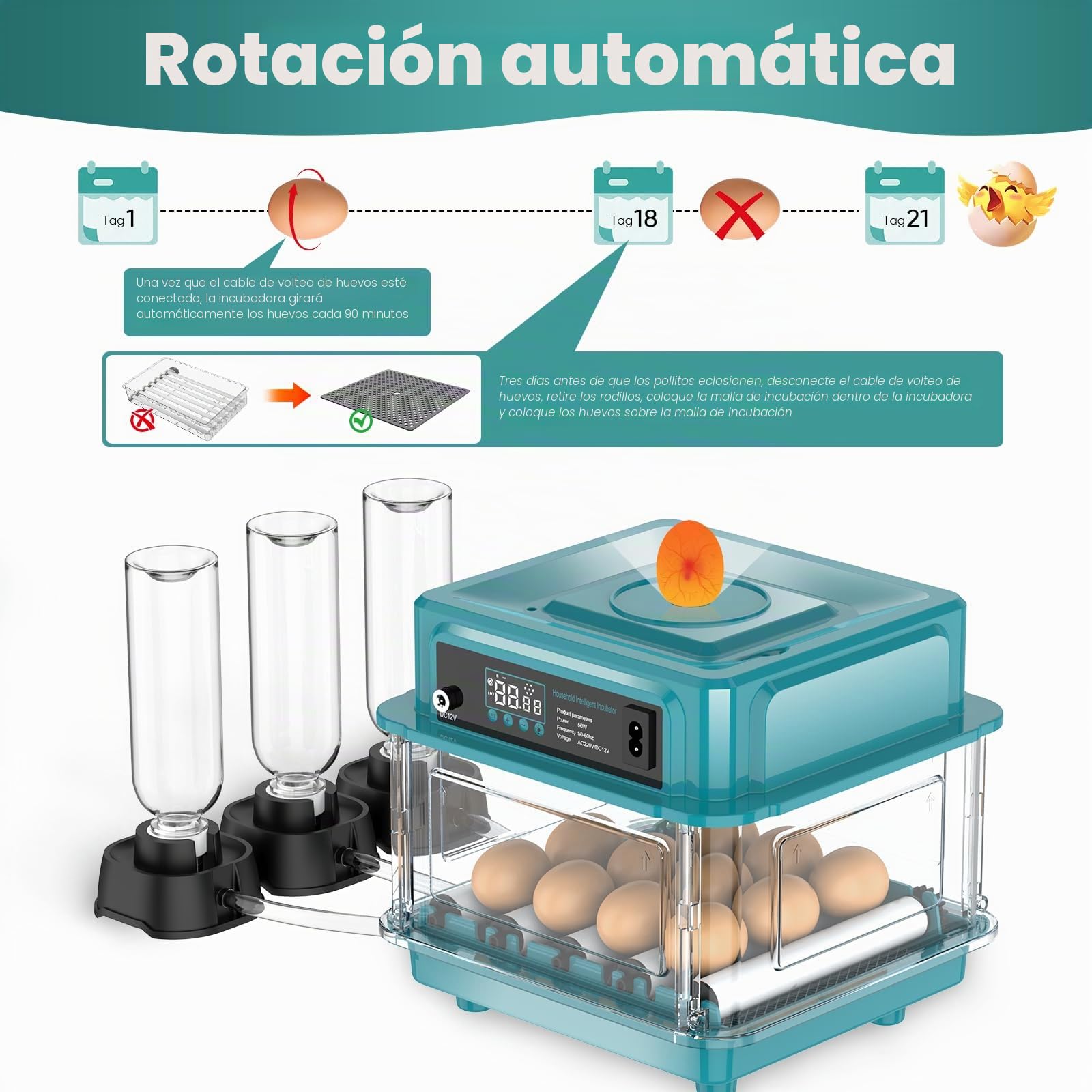 Incubadora totalmente automática, incubadora para 10-36 huevos con rotación automática de huevos y humidificación automática, incubadora con indicador de humedad para pollos, patos, gansos y