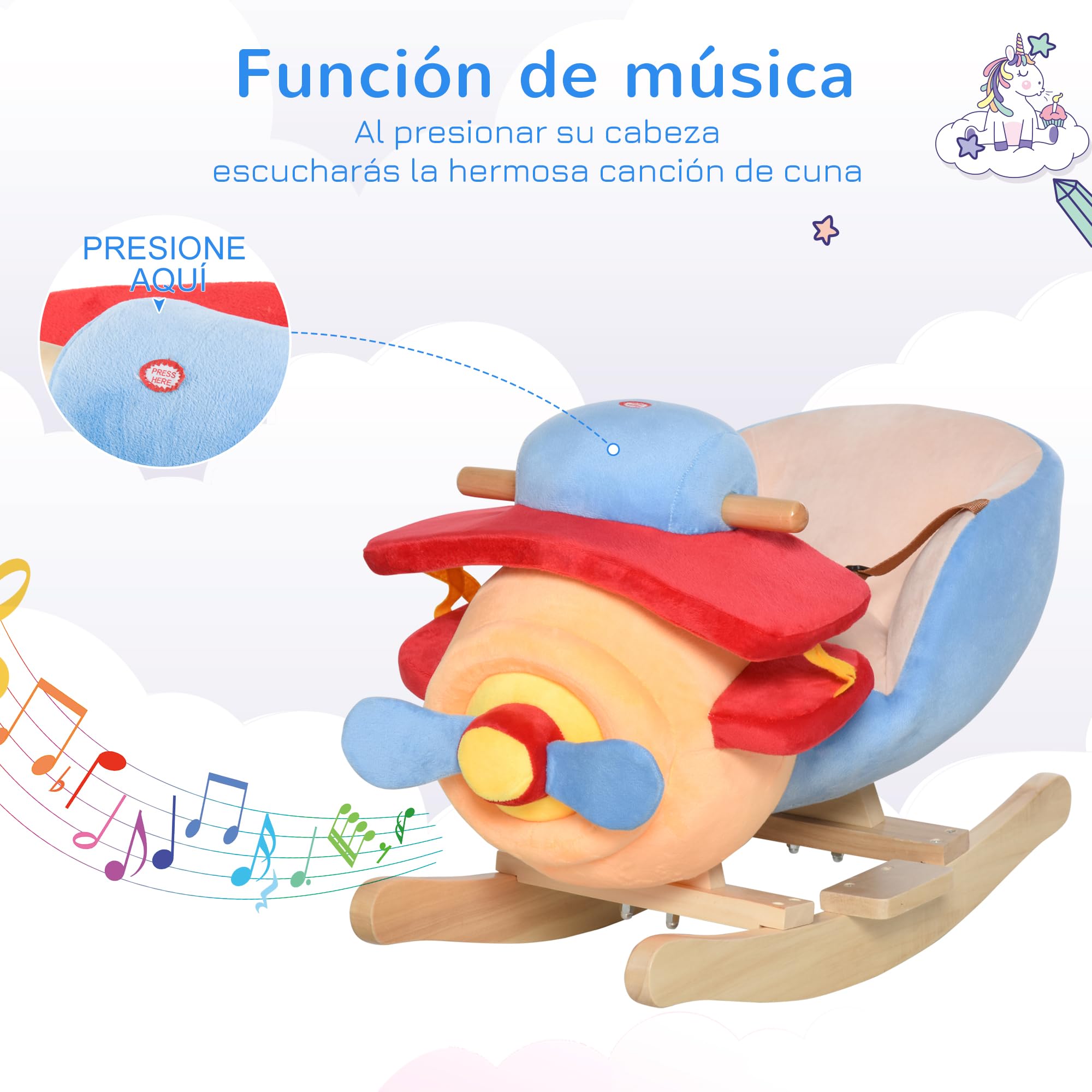 HOMCOM Caballo Balancín para Niños de +18 Meses Avión de Peluche con Música y Arnés de Seguridad Caballo de Juguete Carga 60 kg 60x33x45 cm Multicolor