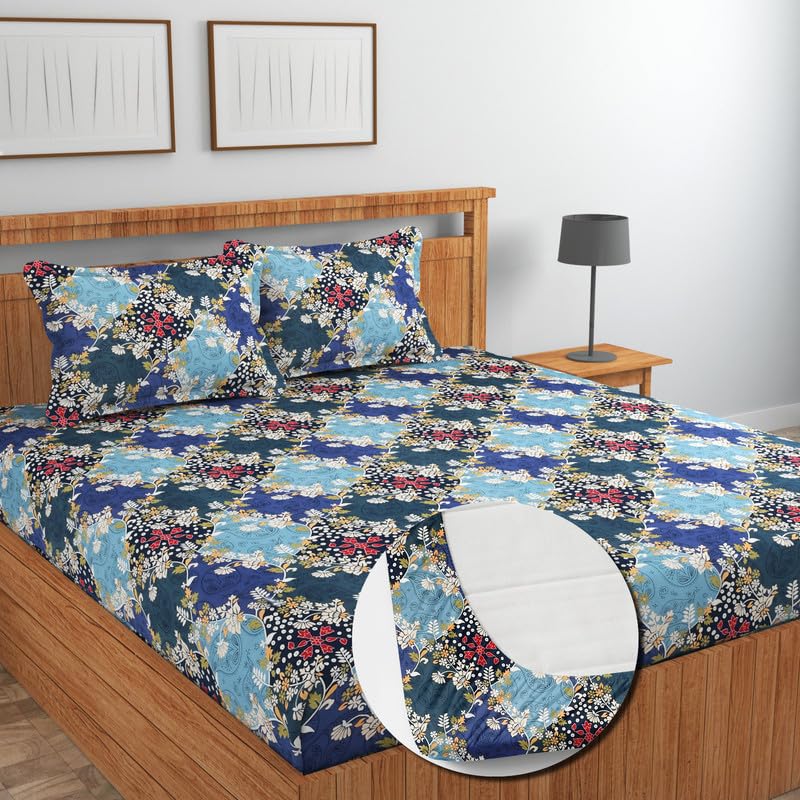 Image of NEW LEAF Cotton Fitted King Size Bedsheets with 2 Pillow Covers | Elastic Fitted | Wrinklefree | Ultrasoft |Winter Bedsheet 220 tc tc Floral | 710x72+10 Inches, Teal Blue