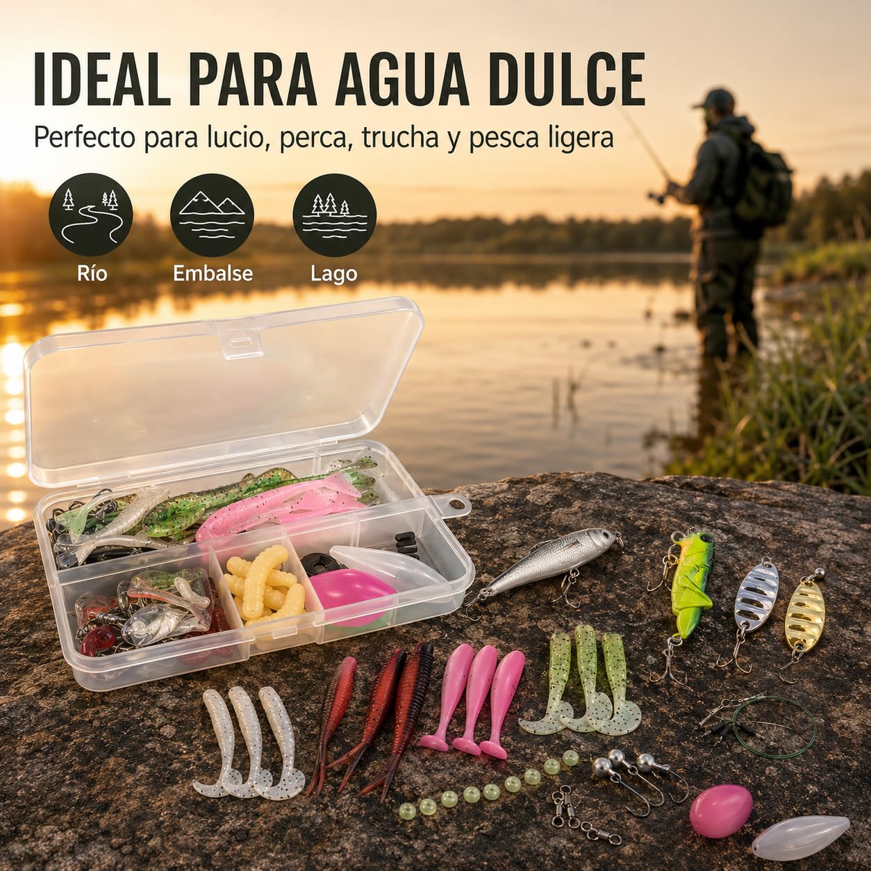 Kit de Señuelos de Pesca Spinning - Caja de Aparejos Completa con Cebos Artificiales Mixtos: Minnow, Saltamontes, Vinilos, Cucharillas y Anzuelos - Equipo de Pesca para Mar y Río (Black Ba — view 4