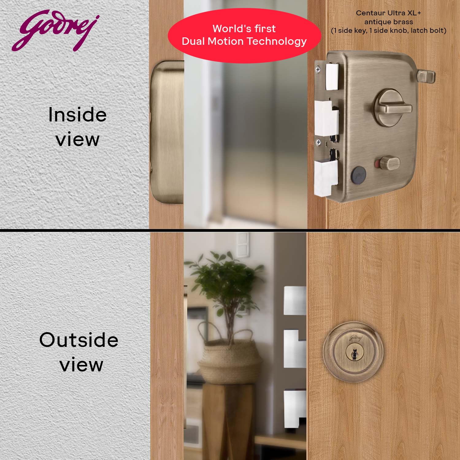 Godrej Centaur Rim Lock I World's 1st Dual Motion Lock | Ultra XL+ Technology | 1CK Latch Lock for Main & Safety Door I Suitable for Single & Double Wooden Door I Brass Finish | 5 Yeras Warranty — Amazon image 2