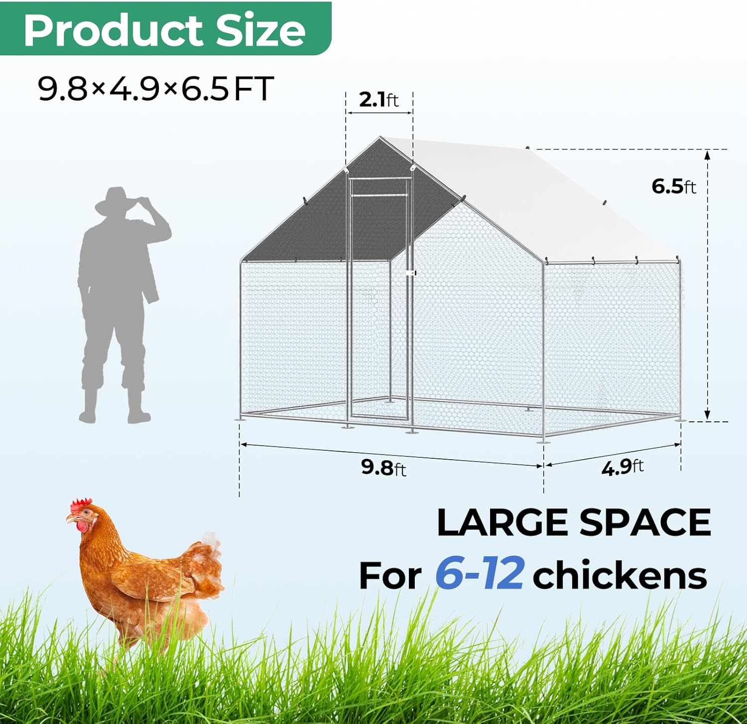Large Chicken Coop Metal Walk-in Run 9.8' x 4.9' x 6.5', Heavy Duty Galvanized Steel Cage with Waterproof Cover, Secure Lock, Outdoor Pen Enclosure for Hens, Ducks, Rabbits