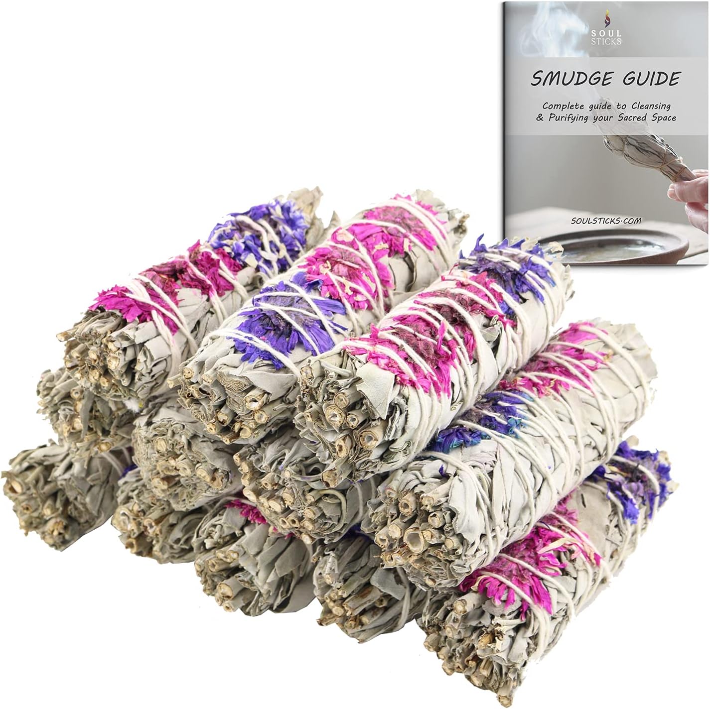 Blissful Organic White Sage Smudge Sticks with Flowers 3 Pack for Cleansing Home, Meditation, Yoga, Healing and Smudging | Sustainably Sourced California White Sage Bundles (12 Pack)