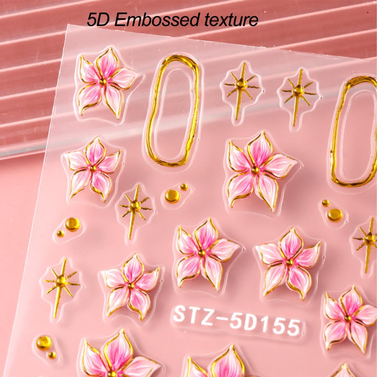 Flower Nail Art Stickers Decals, 3 Sheets 5D Embossed Self Adhesive Stickers Pink Lily Floral Design Gold Frame Stars Nail Decoration for Women Girls
