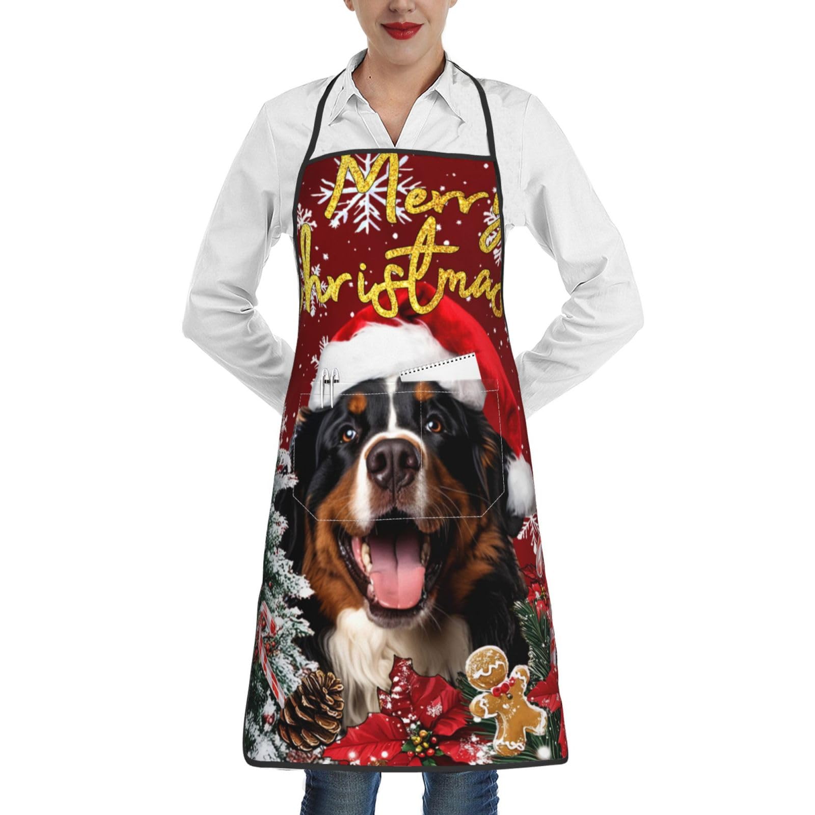 nopicsn Merry Christmas Bernese Mountain Dog Apron for cooking with Pockets Women Men Kitchen Chef Funny Aprons