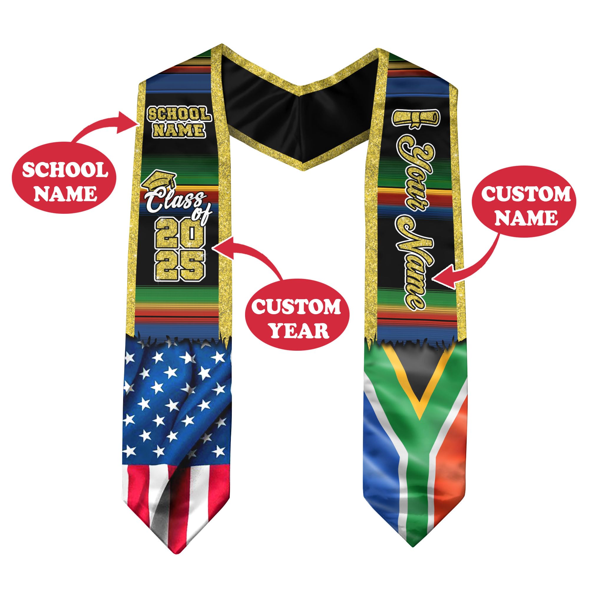 South Africa Graduation Sash, Custom South Africa American Flag Graduation Sash 2025, South Africa Graduation Stole 3
