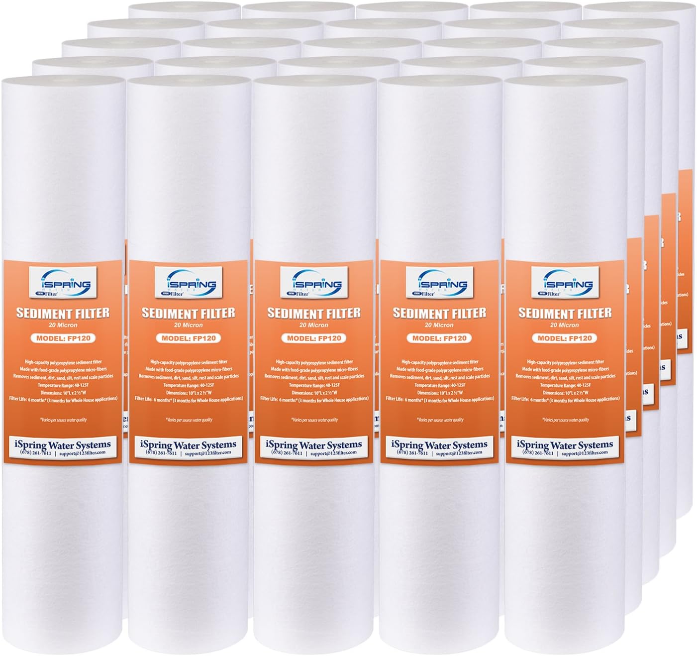iSpring FP120X25 20 Micron, 25 Pack 10" x 2.5" Universal Multi-Layer Sediment Water Filter Replacement Cartridges, 25 Count (Pack of 1), White