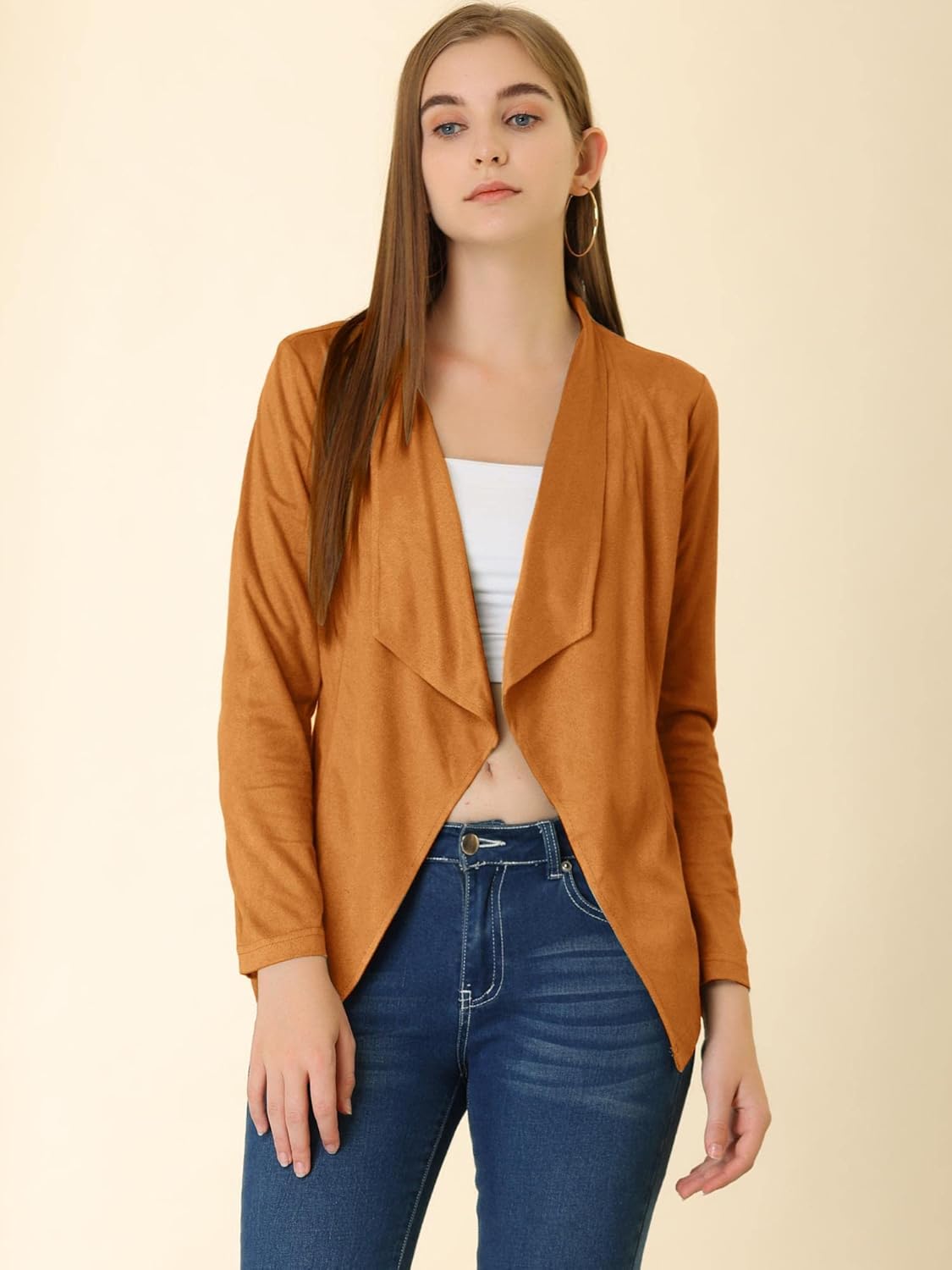 Allegra K Women Faux Suede Jacket Lapel Draped Open Front Cardigan Casual Trendy Suede Blazer - Image 3