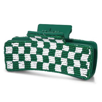 Game Day Hair Claw Clip for Women Beaded Checkered Baseball Football Hair Clips Game Day Outfits Sports Football Fans Mom Accessories Gifts Green White