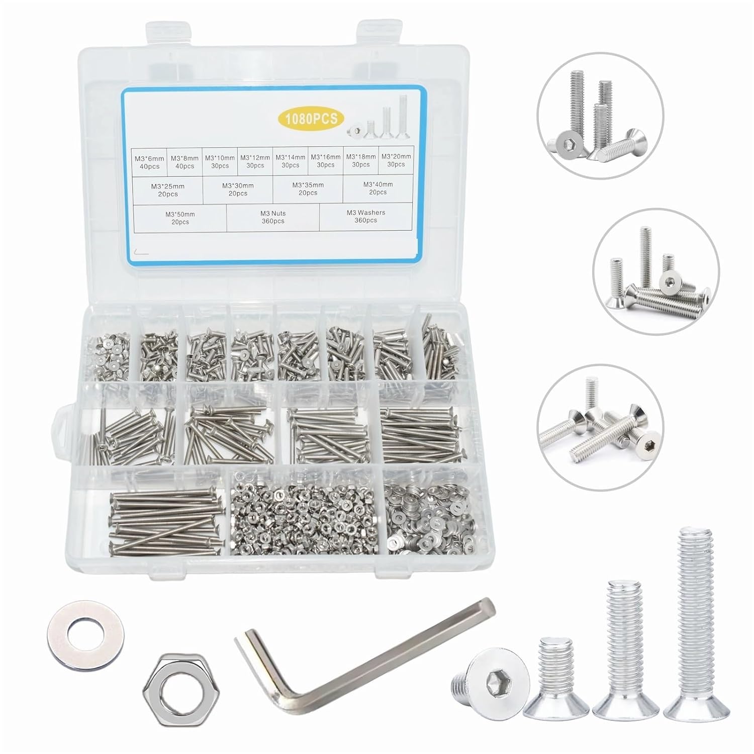 Nut & Bolt Sets 1080Pcs M3 Stainless Metric Hex Flat Head Countersunk Screws Assortment
