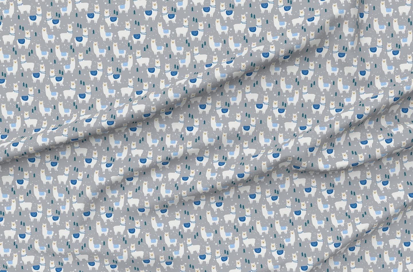 Spoonflower Fabric - Winter Llama Christmas Holiday Xmas Llamas Cute Alpaca Grey Blue Printed on Organic Cotton Sateen Fabric by The Yard - Sewing Quilting Apparel Home Decor