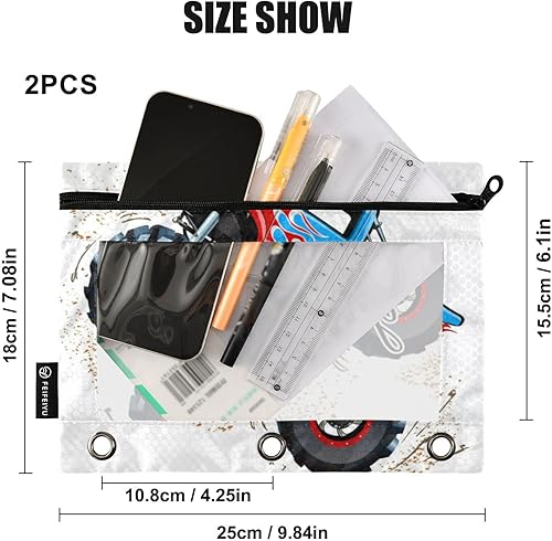 Miniatura 3 de Estuche para lápices de 3 anillos, con diseño de camión monstruo de dibujos animados, con ventana transparente, 2 unidades