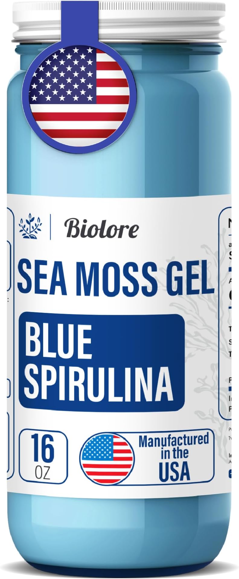 Biolore Sea Moss Gel - Blue Spirulina 16oz, Wildcrafted Irish Seamoss with Essential Vitamins & Trace Minerals, Vegan Superfood Made in USA