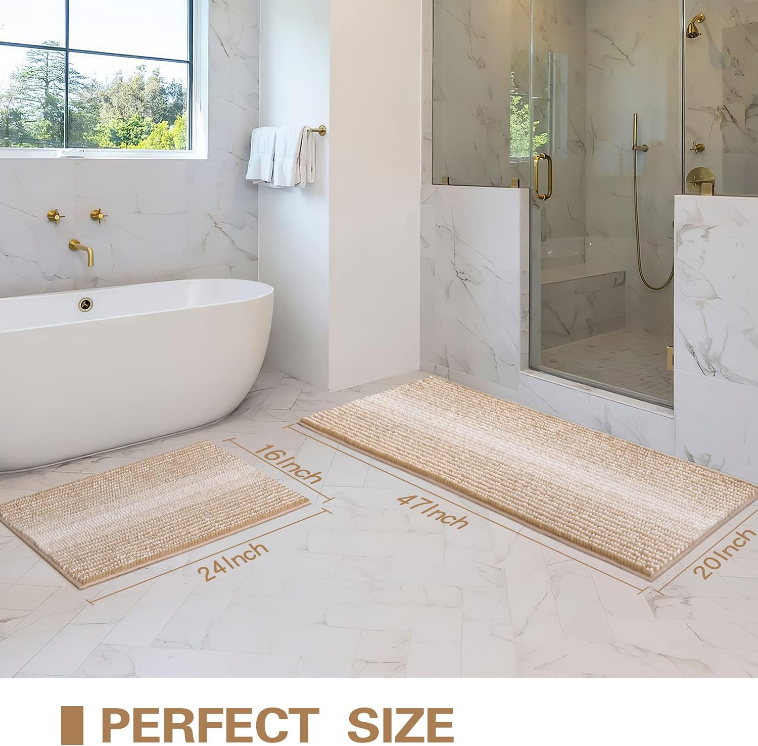 Bathroom Rugs and Mats Sets, 2 Piece Thick Absorbent Chenille Bath Mat Rug Set Non Slip, Soft Shaggy Bath Room Floor Mats for Bathroom, Machine Washable (20" x 47" Plus 16" x 24", Beige) : Home & Kitchen