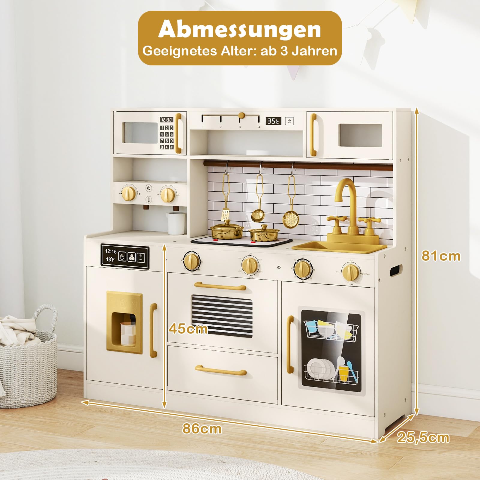 COSTWAY Kinderküche, Spielküche mit Licht und Sound, Holzküche inkl. Zubehör mit Spüle, Eisspender, Mikrowelle, Wasserspender & Ofen, Spielzeugküche für Kinder ab 2 Jahren