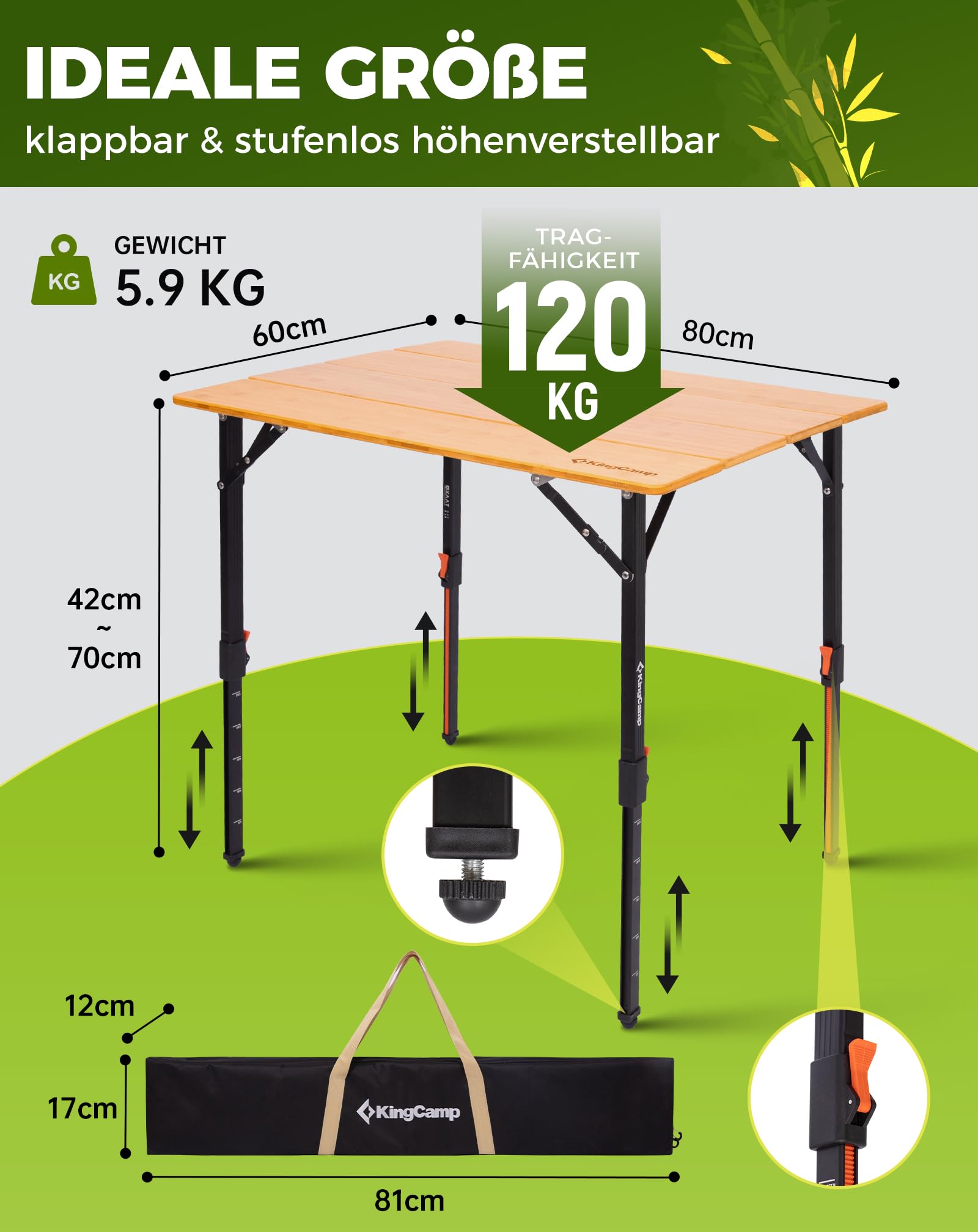 KingCamp Campingtisch Bambus Klapptisch Höhenverstellbar (42-70cm) Camping Tisch Faltbar Tragbar & Klappbar 120kg Belastbarkeit – Robuster Faltischer für Camping, Garten, Balkon & Picknick