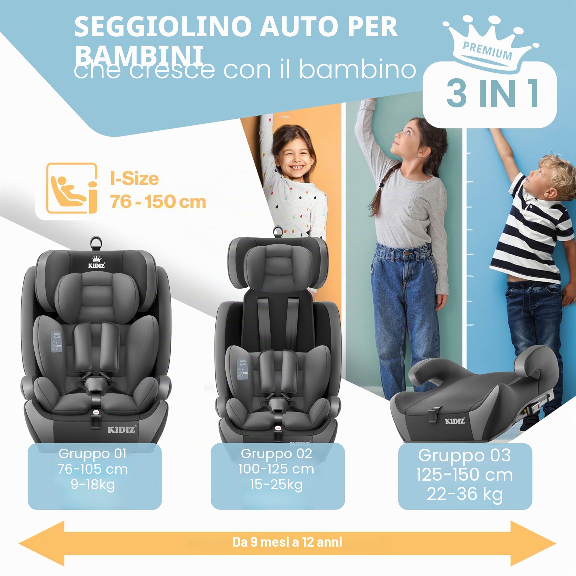 KIDIZ Seggiolino auto per bambini con Isofix, gruppo 1 + 2 + 3, 9 – 36 kg, cintura di sicurezza a 5 punti, seggiolino auto, seggiolino auto, poggiatesta regolabile, rialzo per 1 – 12 anni, stabile e