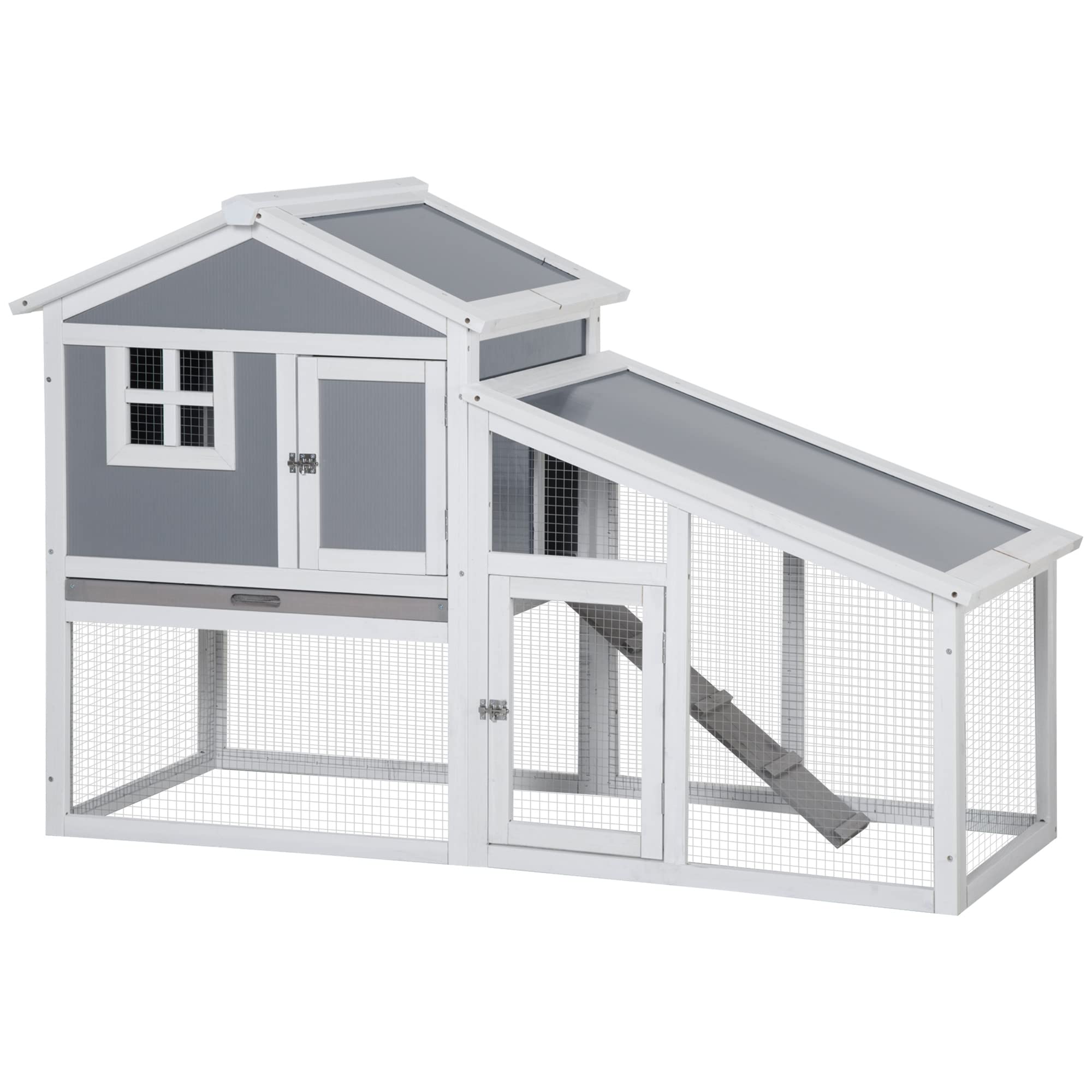 PawHut Wooden Rabbit Hutch 2 Tier Guinea Pig Cage Bunny Run w/Sunlight Panel Roof and Slide-Out Tray - Grey