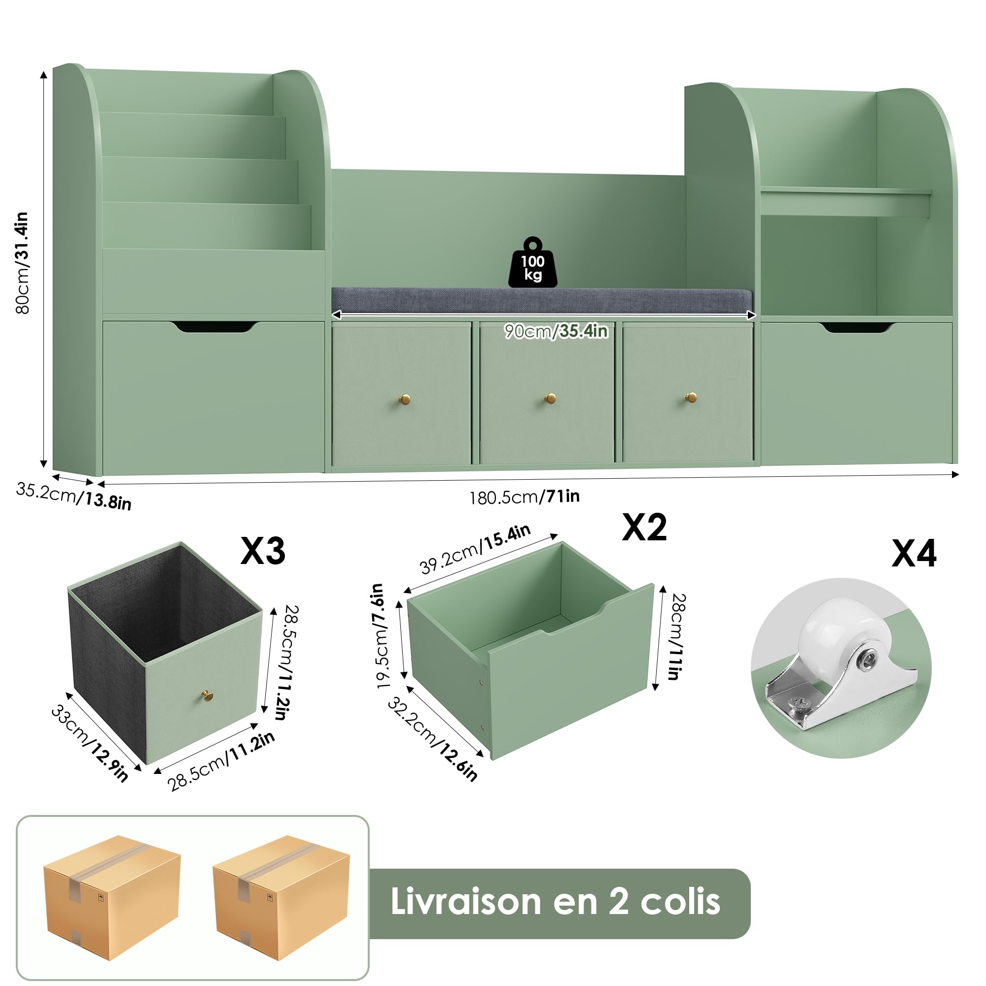 FOREHILL Meuble Rangement Enfant 180cm Bibliothèque Enfant avec Banc Vert