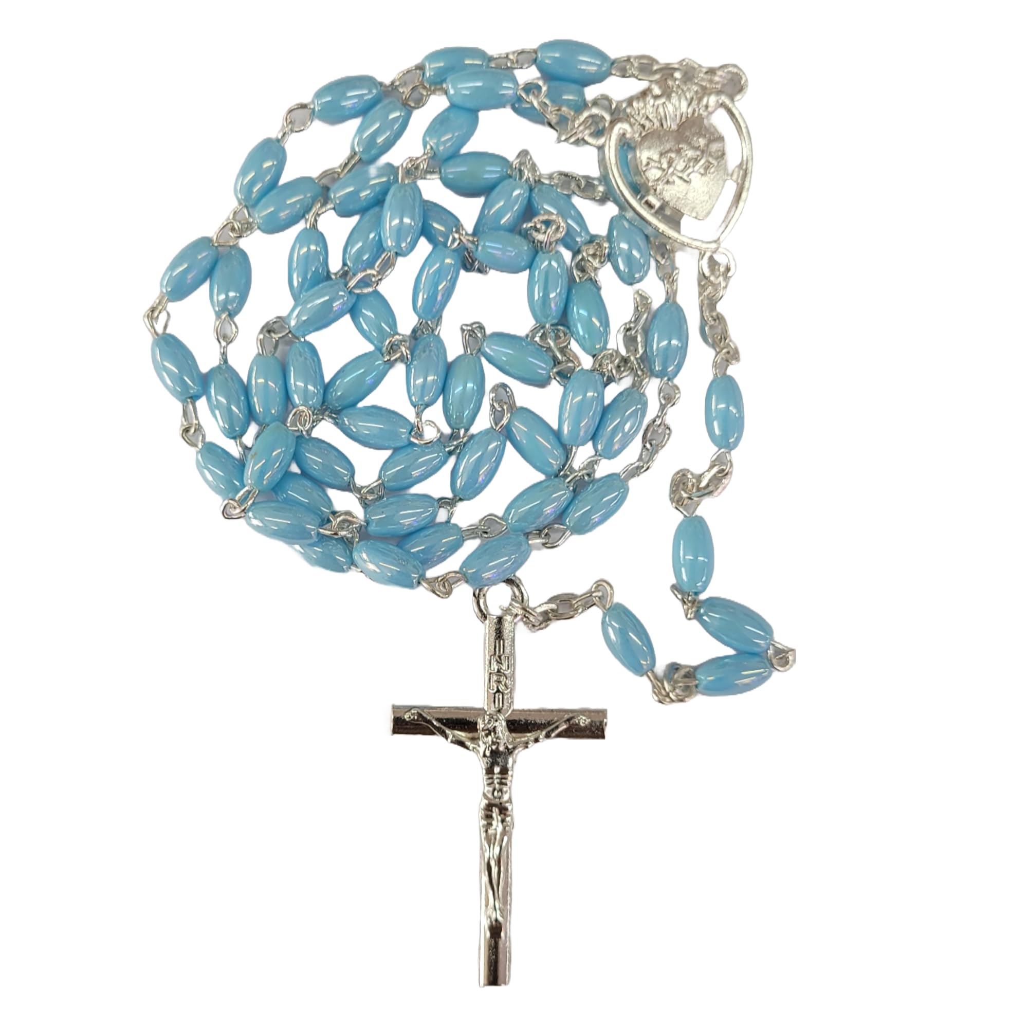 Pearl Light Blue Oval Shape Catholic Praying Rosary for Men & Women | Special Rosary with Sacred Heart Medal in Center