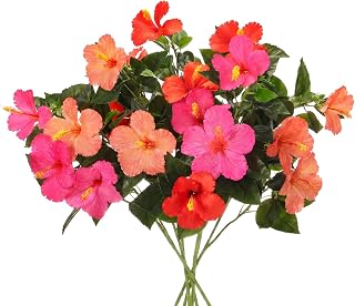 Hotop 6 Pack Silk Hibiscus Flowers Artificial Tropical Bouquets, Mixed