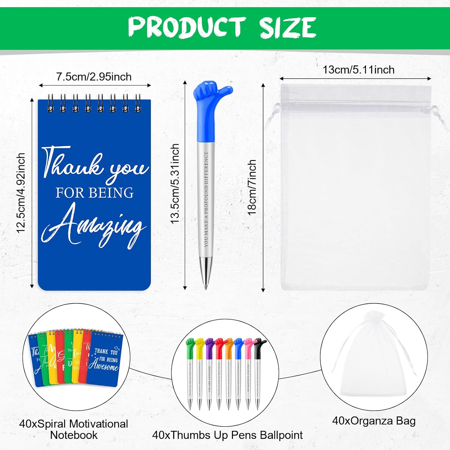 PerKoop 40 Sets Appreciation Gifts Set Bulk 40 Pcs Thumbs up Pens Ballpoint and Spiral Motivational Notebook and Organza Bag Teacher Employee Valentine Day Thank You Gift for Team Party(Novel Style)