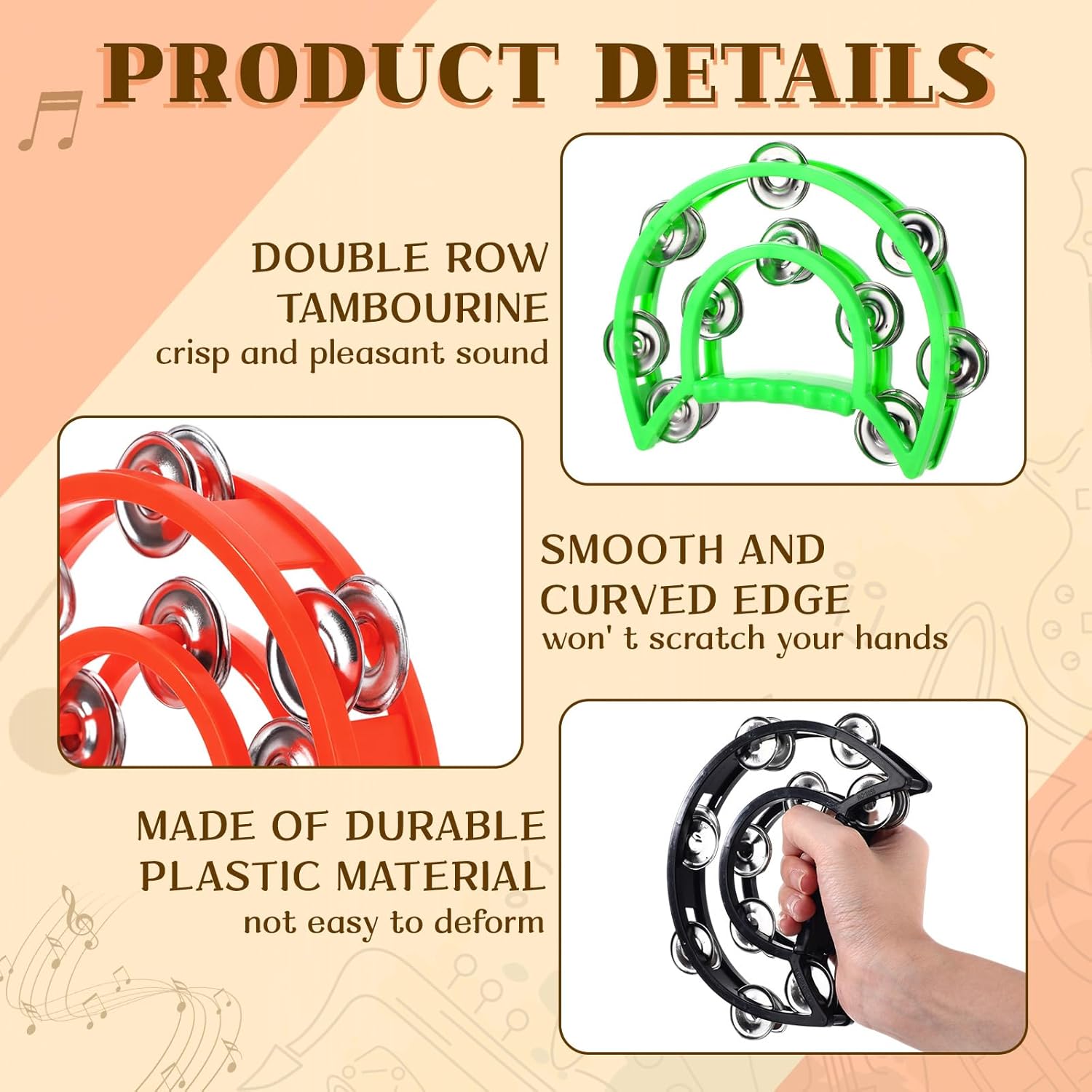 Boao 20 Pcs Double Row Tambourine Half Moon Double Row Metal Jingles Hand Held Instruments Percussion with Handle Grip for Adults, KTV, Party(Colorful)
