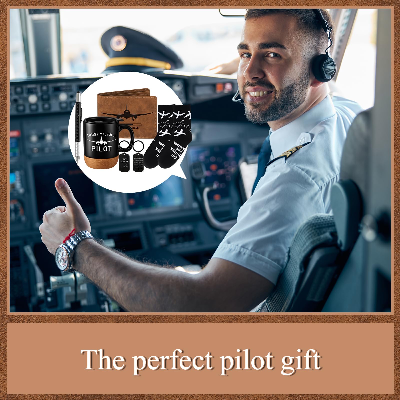 5 Pcs Pilot Gifts for Men Dad's Gifts Set Include Sock and Ceramic Mug Leather Wallet 6 in 1 Multi Tool Pen Keychain Dad Present from Son Daughter Husband Present