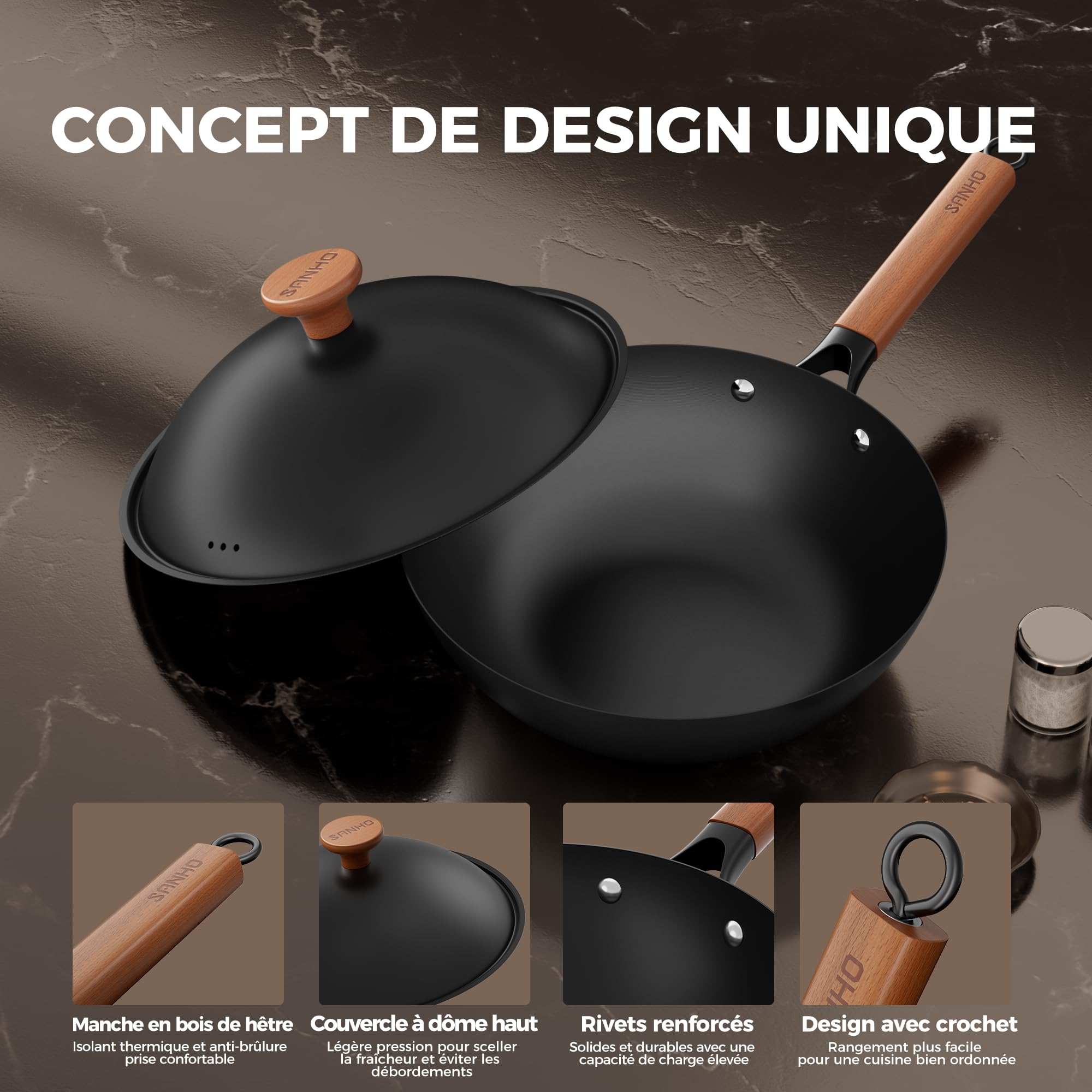 Sanho 32 cm Poêle Wok avec couvercle – Pas de culottage, 0 revêtement chimique, antiadhésif naturel, compatible tous feux (gaz, électrique, induction <800W) & ustensiles métal, 5QT