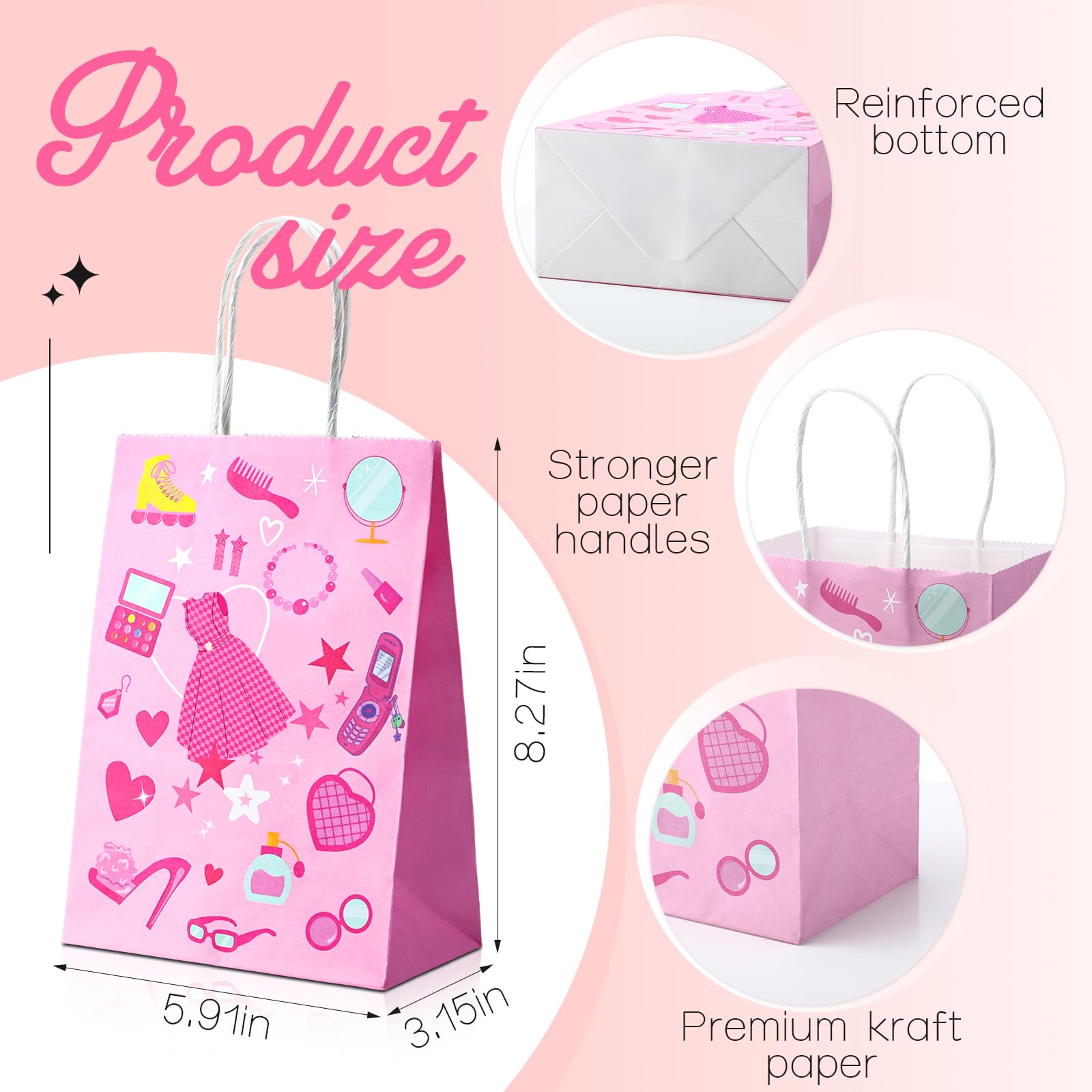 Dansydaisy 24 Pcs Hot Pink Goodie Bags Princess Gift Princess Party Favor Cute Candy Treat Bags with Handles for Birthday Party Favor Supplies Decorations