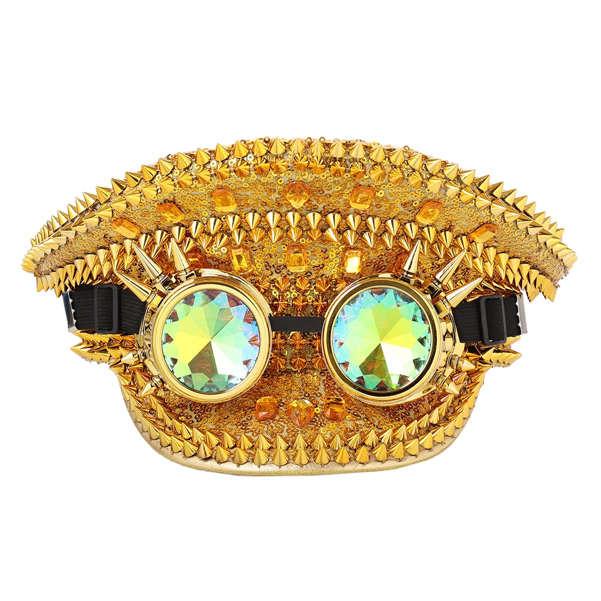 COSDREAMER Men's Steampunk Top Hats Sequin Goggles Military Cap Punk Halloween Classic Army Military Cap (Gold)
