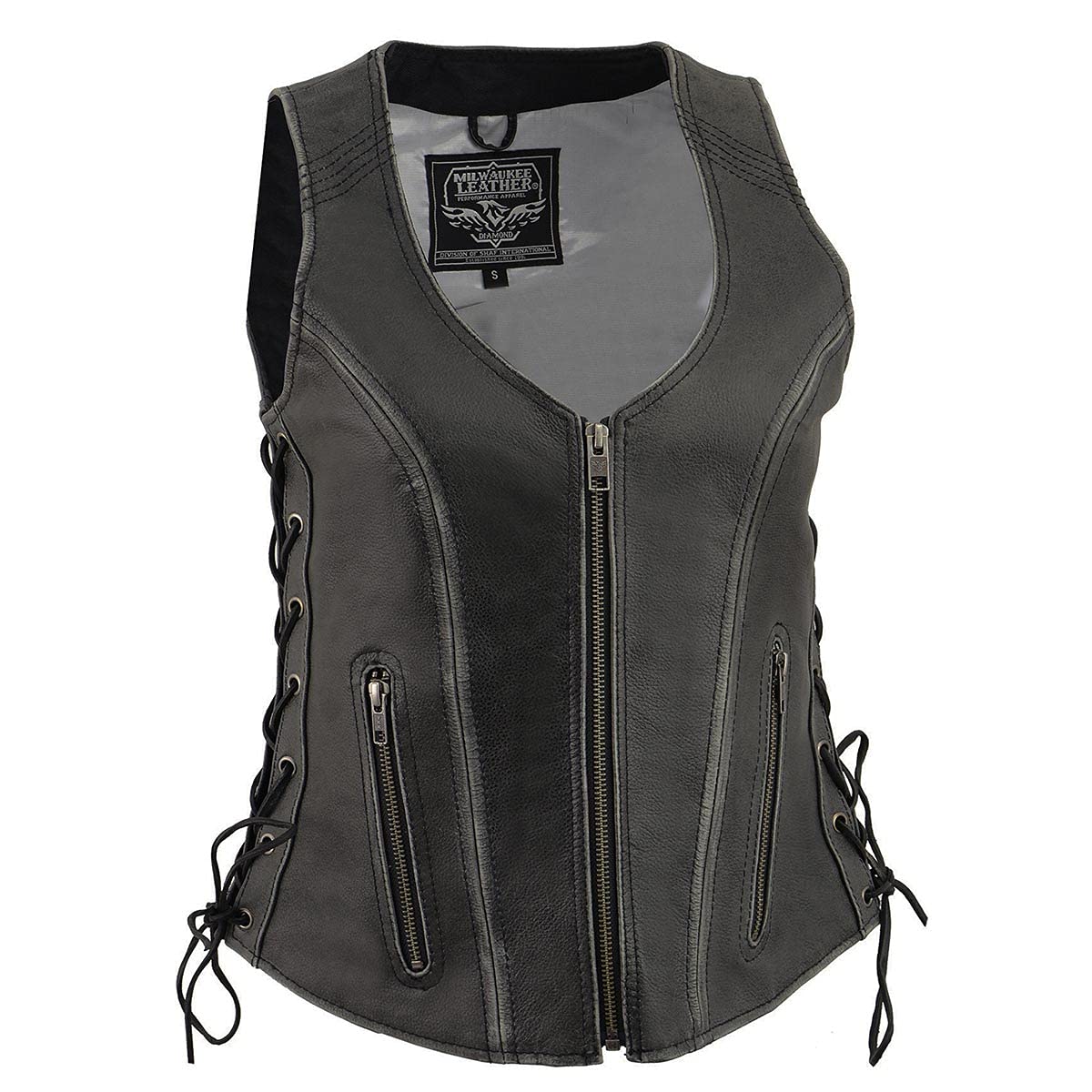 milwaukee leather Women's V-Neck Distress Grey Premium Leather Motorcycle Rider Vest w/Side Laces MLL4531-picture-18