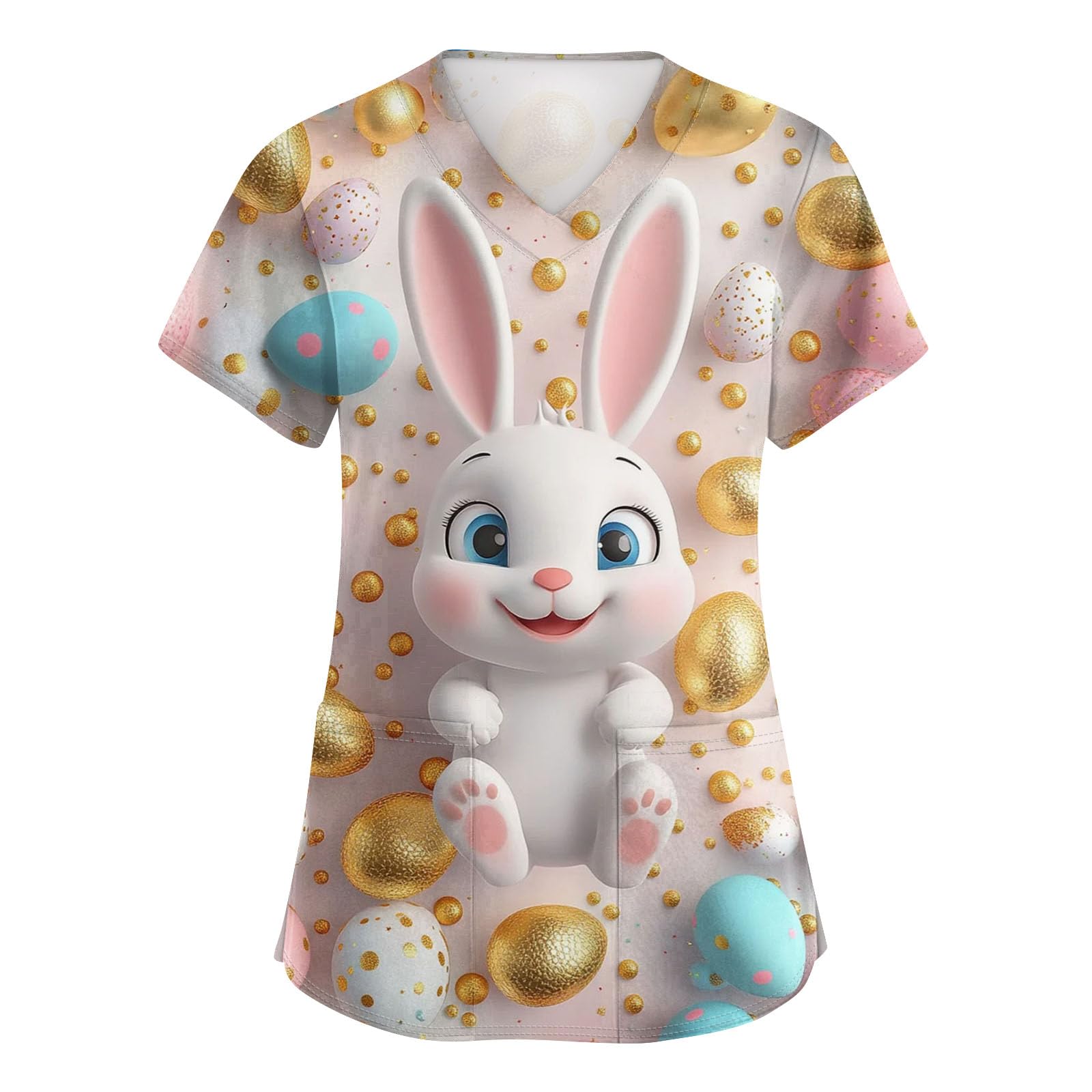 Easter Scrub Tops Women Bunny Egg Print Scrubs Short Sleeve V Neck Stretchy Holiday Working Uniform with Pockets