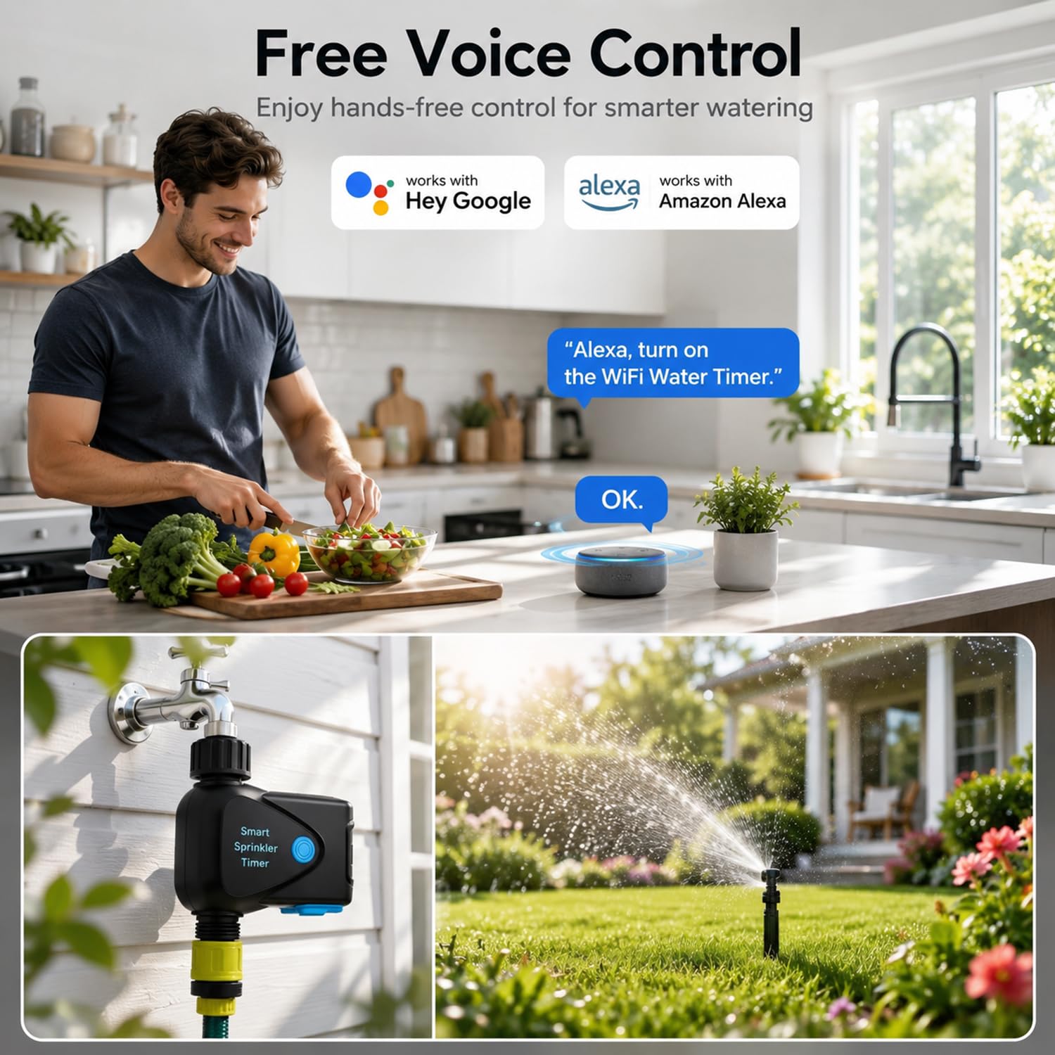 WLAN Bewässerungscomputer: Smart Bewässerungstimer mit Wasserverbrauchsmessung, App-Fernsteuerung, Regenverzögerung, Automatischer Gartenhahn-Timer für Balkon, Garten, Rasen