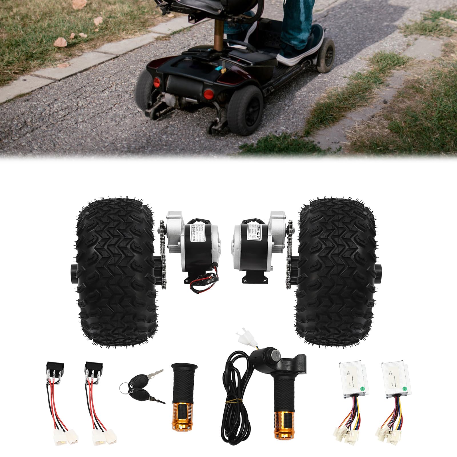 RustyVioum 10Inch Motor Drive Air Wheel Conversion Kit, 24V 250W Dual Wheel Kit Electric Scooter Air Wheel Conversion Kit with Digital Display Throttle Reverse Switch for Go-Kart, Wheelchair