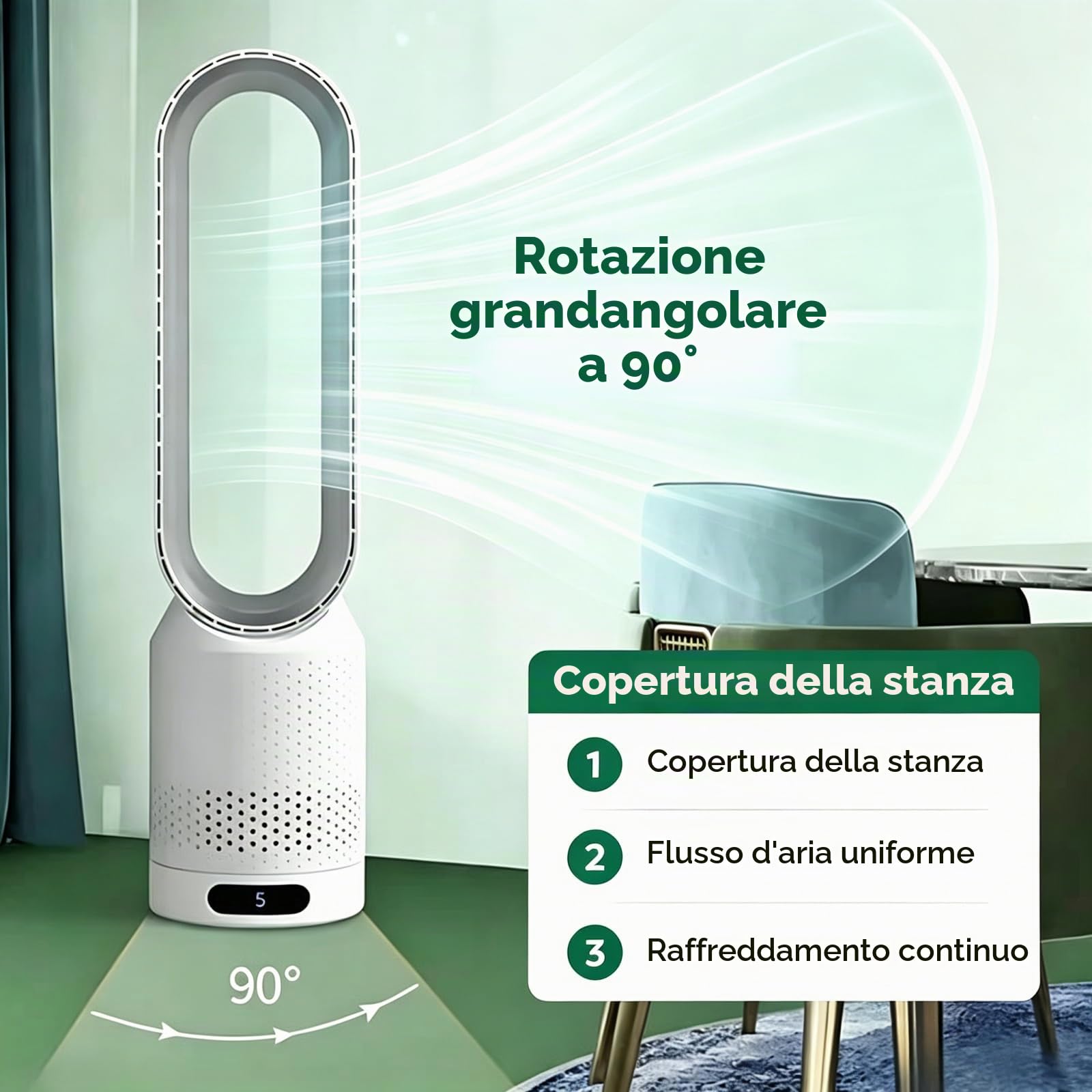 Seladi AirPure V3 - Refrigeratore d'aria 3 in 1, purificatore UV e ionizzatore, 620 l/s, ventilatore a torre con oscillazione a 90°, con telecomando, a risparmio energetico (oro)