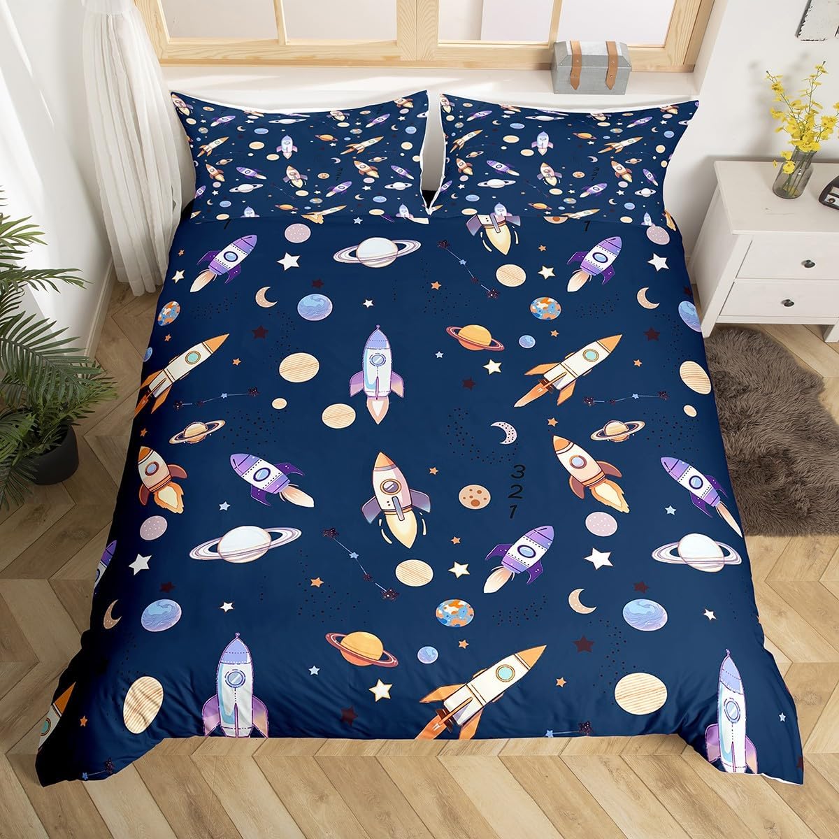 jejeloiu Kids Outer Space Comforter Cover Toddler Size, Galaxy Bedding Set Boys Girls for Space Rocket Print Duvet Cover Universe Planets Teens Bedspread Cover Quilt Cover 2Pcs (No Comforter)