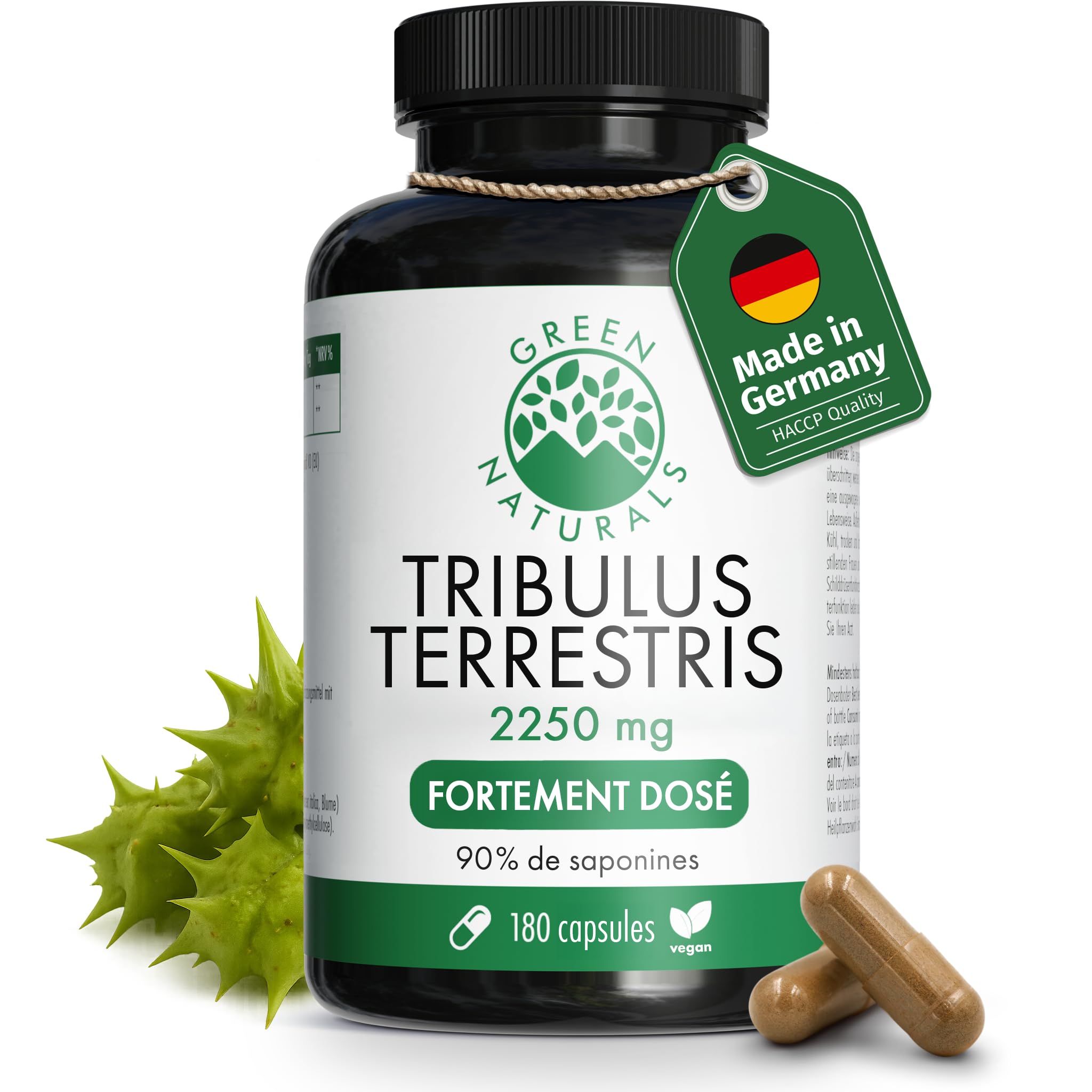 Green Naturals® Tribulus Terrestris – Hautement dosé 2 250 mg avec 90% de saponines – Qualité allemande – Cure 2 mois – 180 gélules | 10:1 par dose journalière · 90 % de saponines · 180 gélules · Stock de 2 mois · Testé en laboratoire