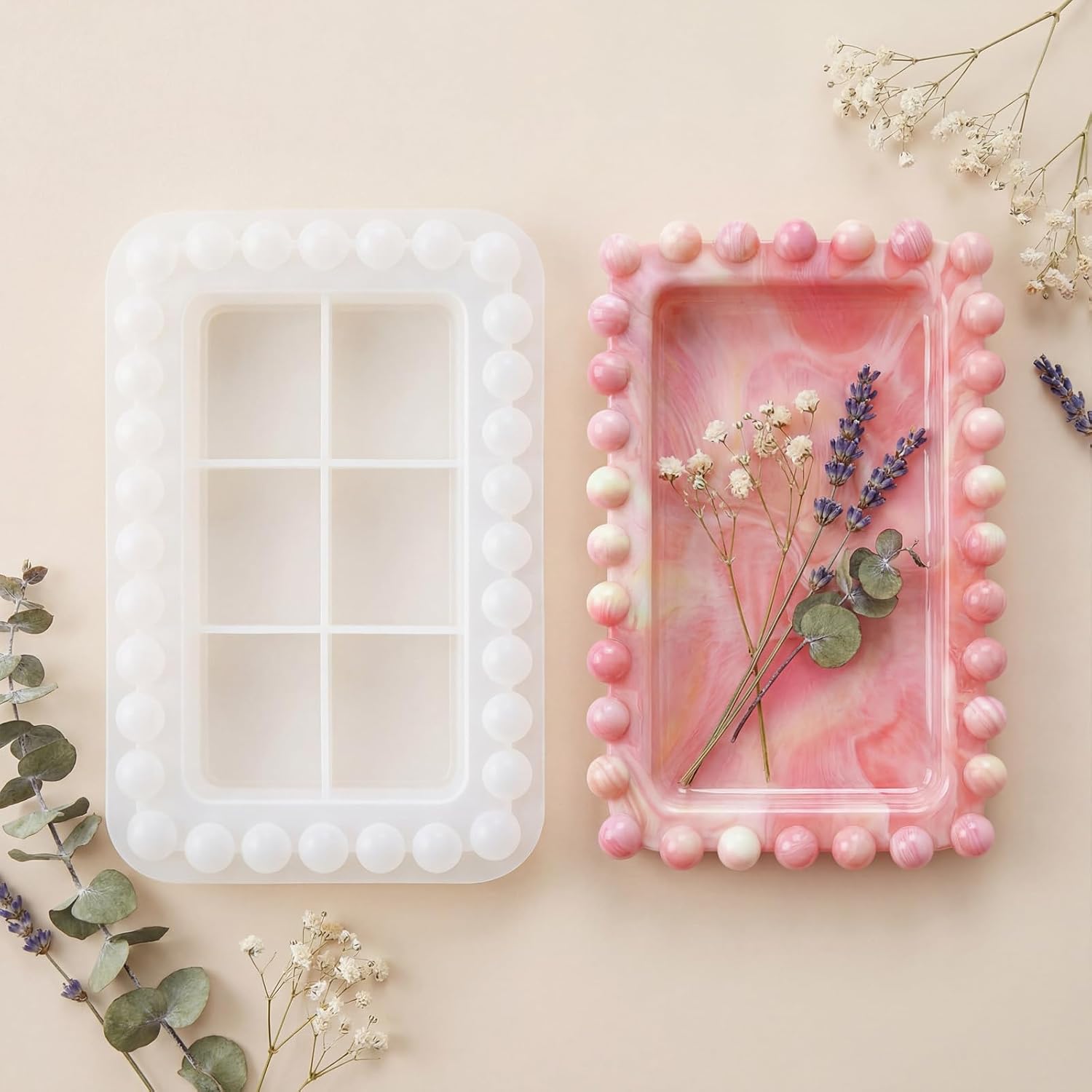 Resin Tray Molds, Bead Edges Rectangle Silicone Tray Mold Jewelry Plate Mould for Making Home Office Trinket Soap Dish Candle Art Crafts Resin Epoxy Casting Display Decor