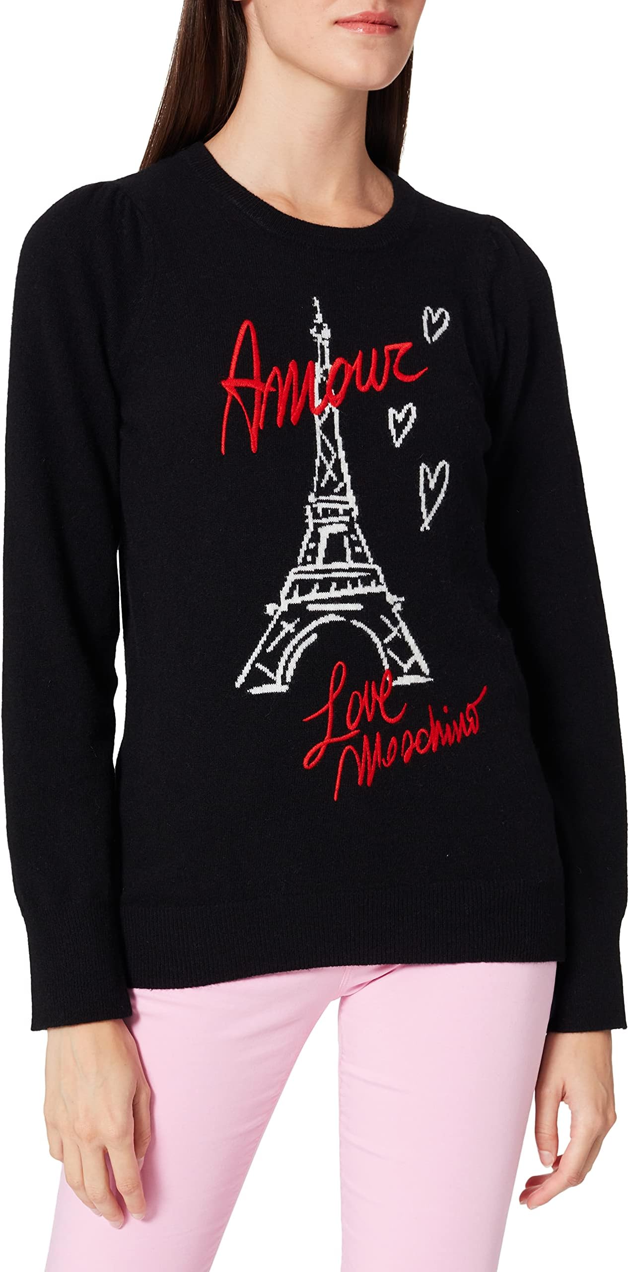 Women's Round Neck Pullover with Long Puffed Sleeves and Eiffel Tower Intarsia Sweater