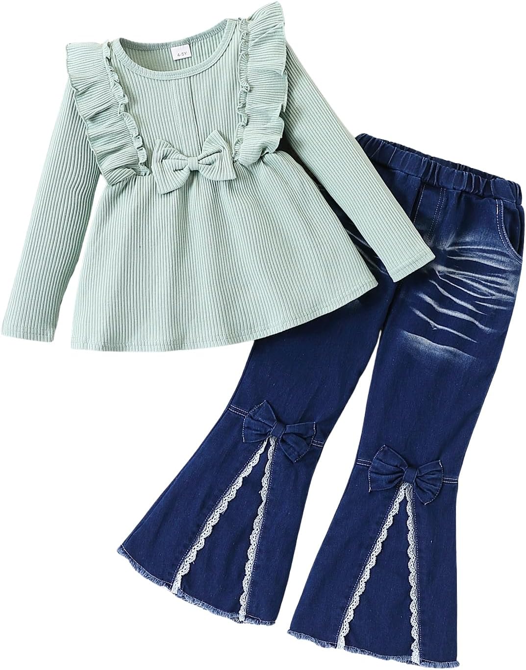 Kid Toddler Girl Clothes Bowknot Ruffle Sleeve Top + Denim Bell Bottom Jeans Pants 2PC Fall Winter Outfit Set