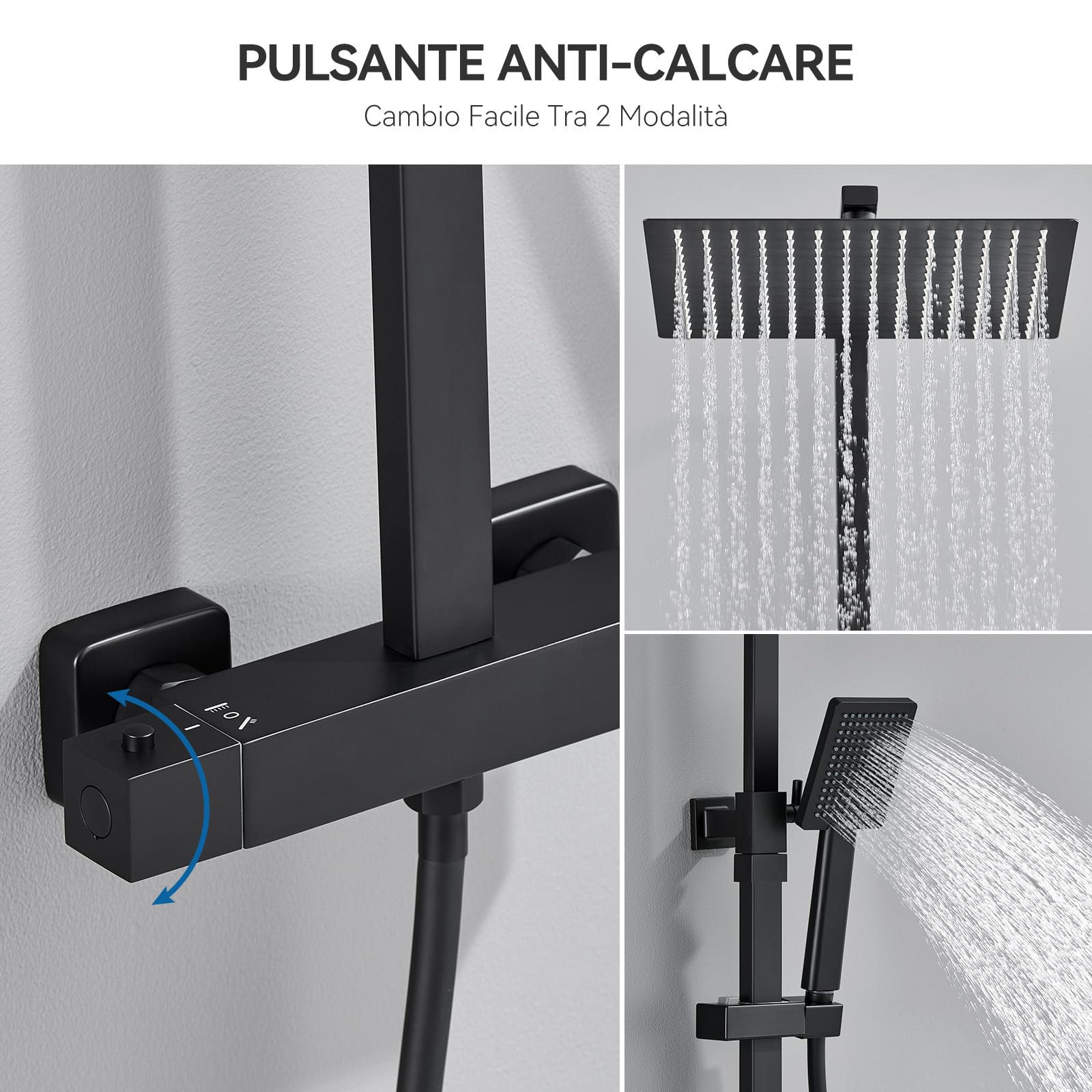 Auralum Colonna Doccia con Miscelatore Termostatico, Miscelatore Doccia Esterno Ottone, Colonna Doccia Nera con 30x30cm Soffione Doccia e Doccetta, Asta Saliscendi Doccia Altezza Regolabile 80-124cm