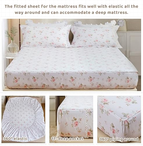 Miniatura 4 de QSH Sábanas 100% algodón tamaño California King, diseño de hojas de color azul verde azulado degradado, patrón botánico de algodón de lujo,