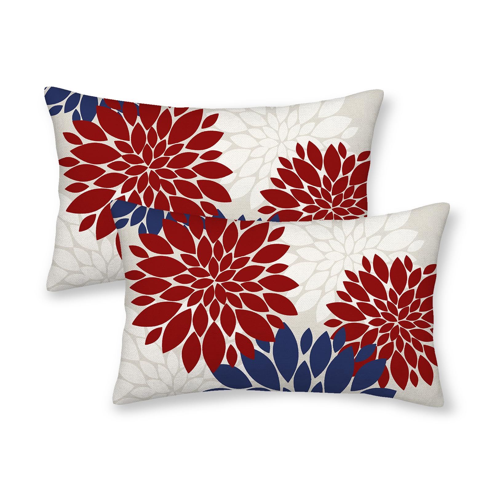 Pillow Covers for the 4th of July, Patriotic Theme, Navy Blue, Red, White, Dahlia, Floral Decor, Modern Geometry, Flower, Outdoor, Decorative Pillow Covers for Sofa, Couch, Bed, 30.5 x 50.8 cm, Set of — image 1